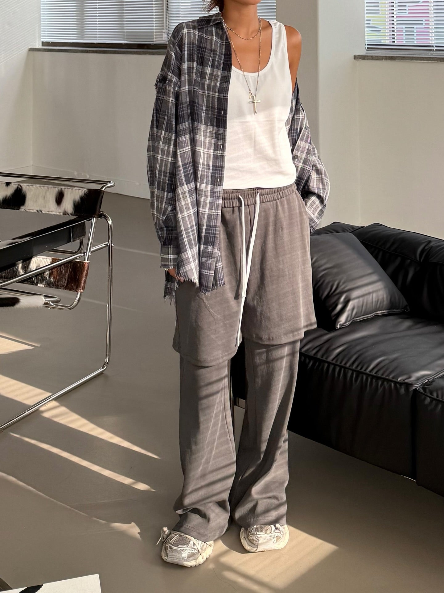 鬆緊腰抽繩假兩件雙層休閒褲