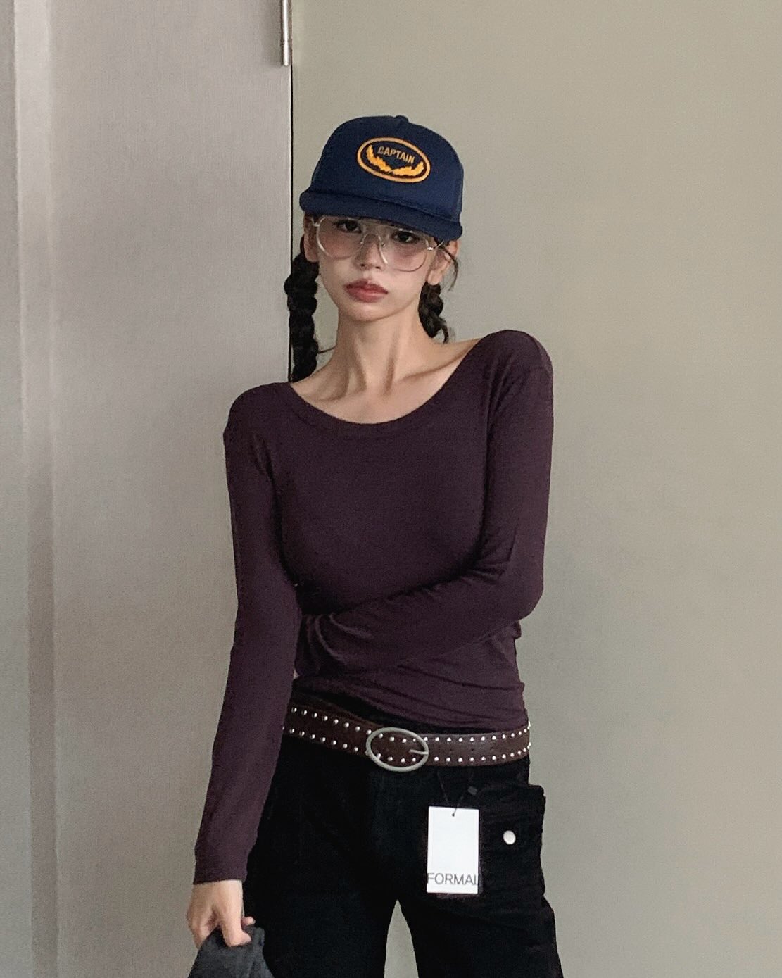 設計感鬆緊帶露背顯瘦長袖T恤