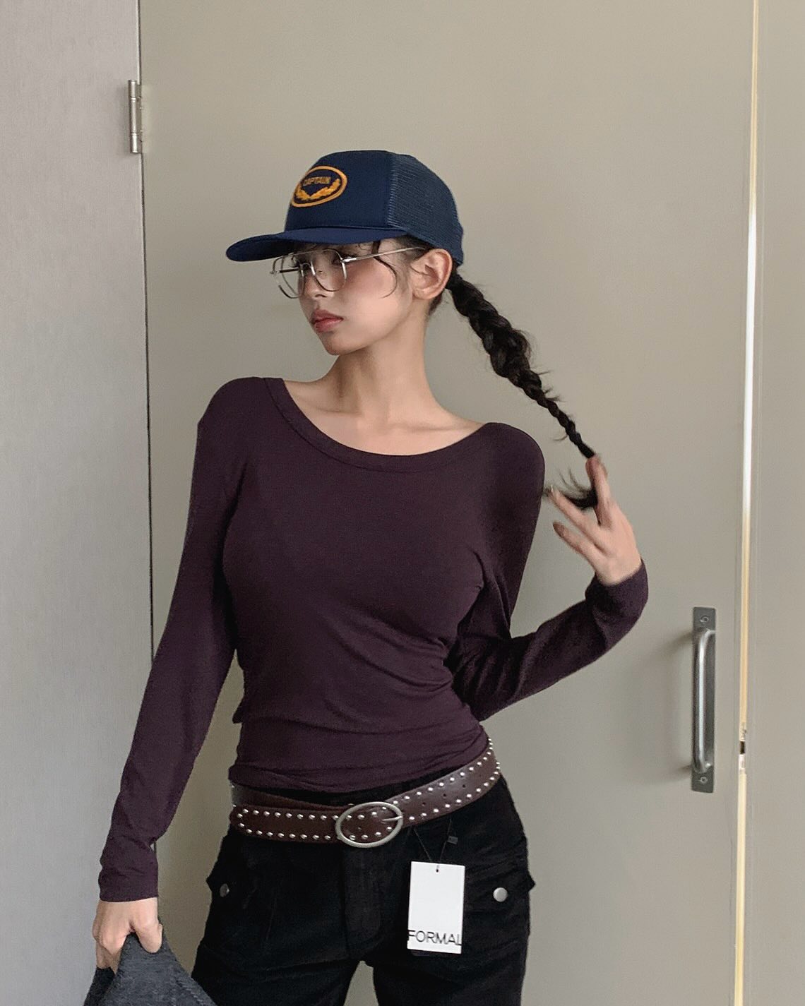 設計感鬆緊帶露背顯瘦長袖T恤