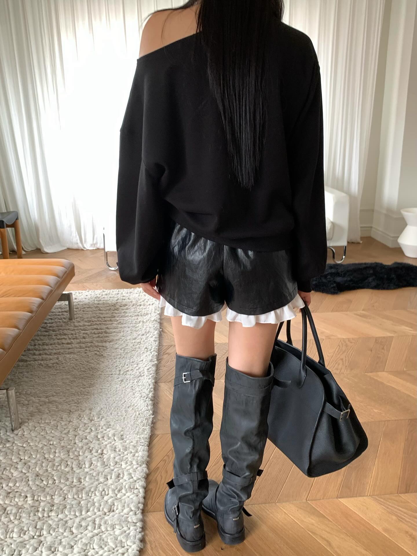 鬆緊腰抽繩設計感拼接網紗皮革短褲