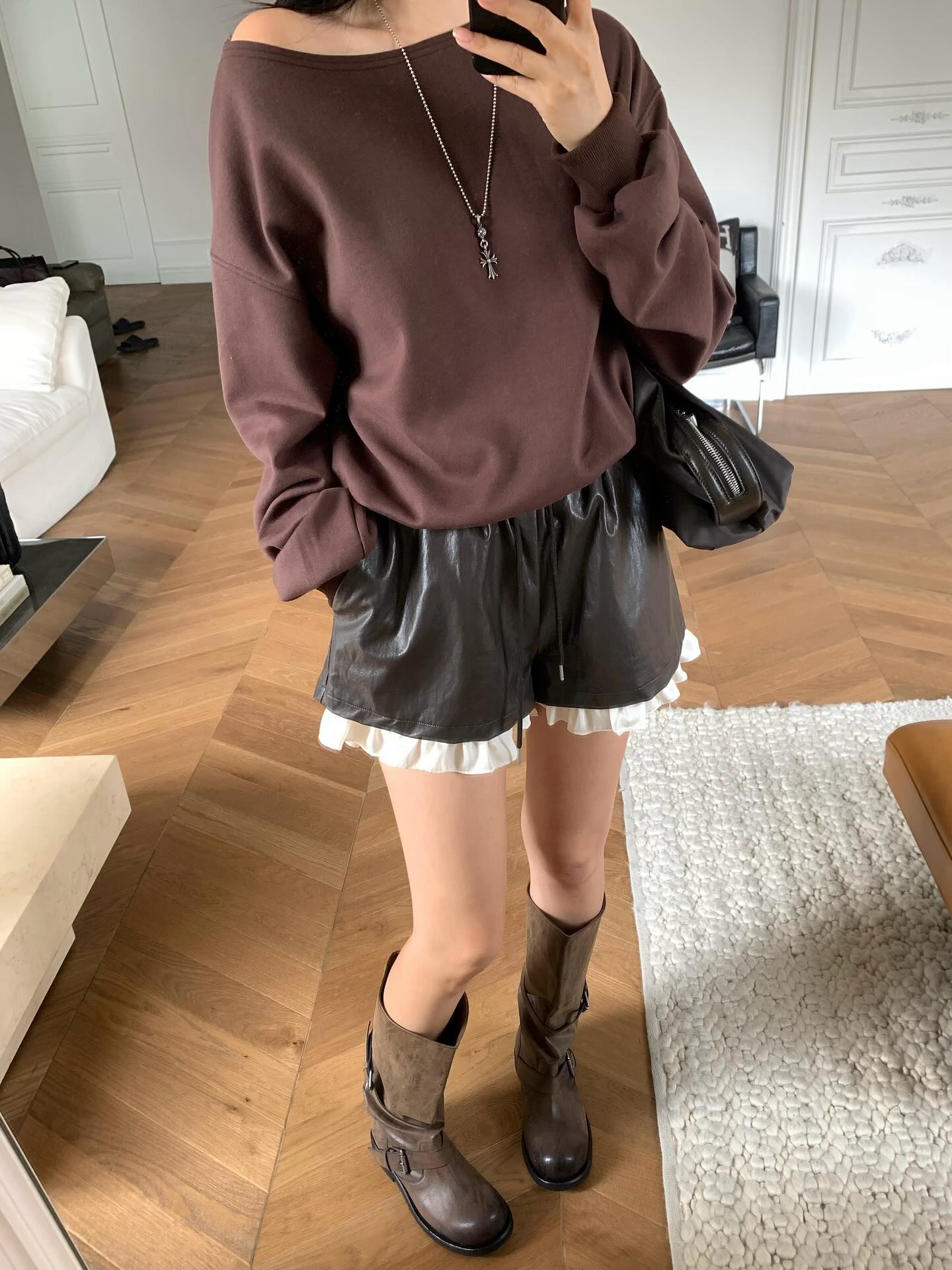 鬆緊腰抽繩設計感拼接網紗皮革短褲