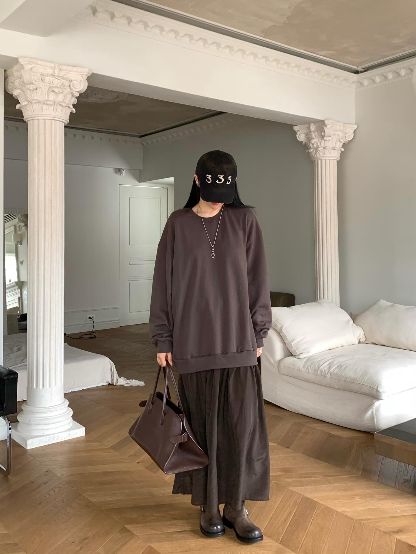 圓領設計感拼接假兩件連衣裙