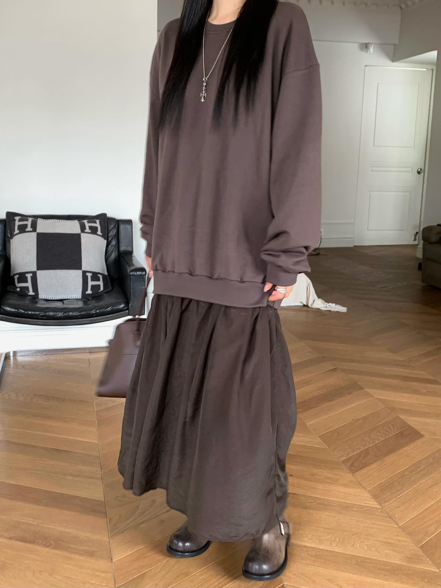 圓領設計感拼接假兩件連衣裙