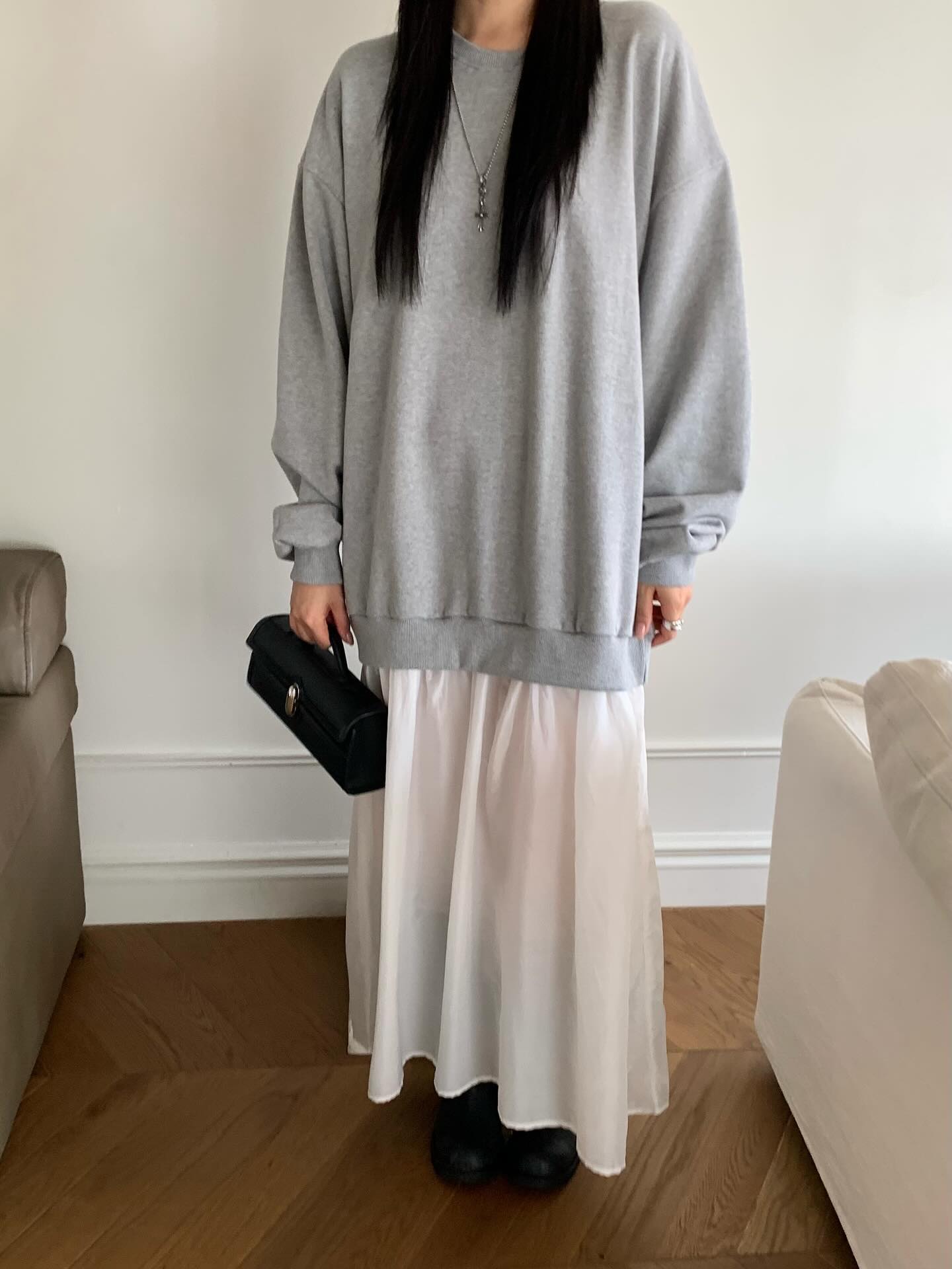 圓領設計感拼接假兩件連衣裙