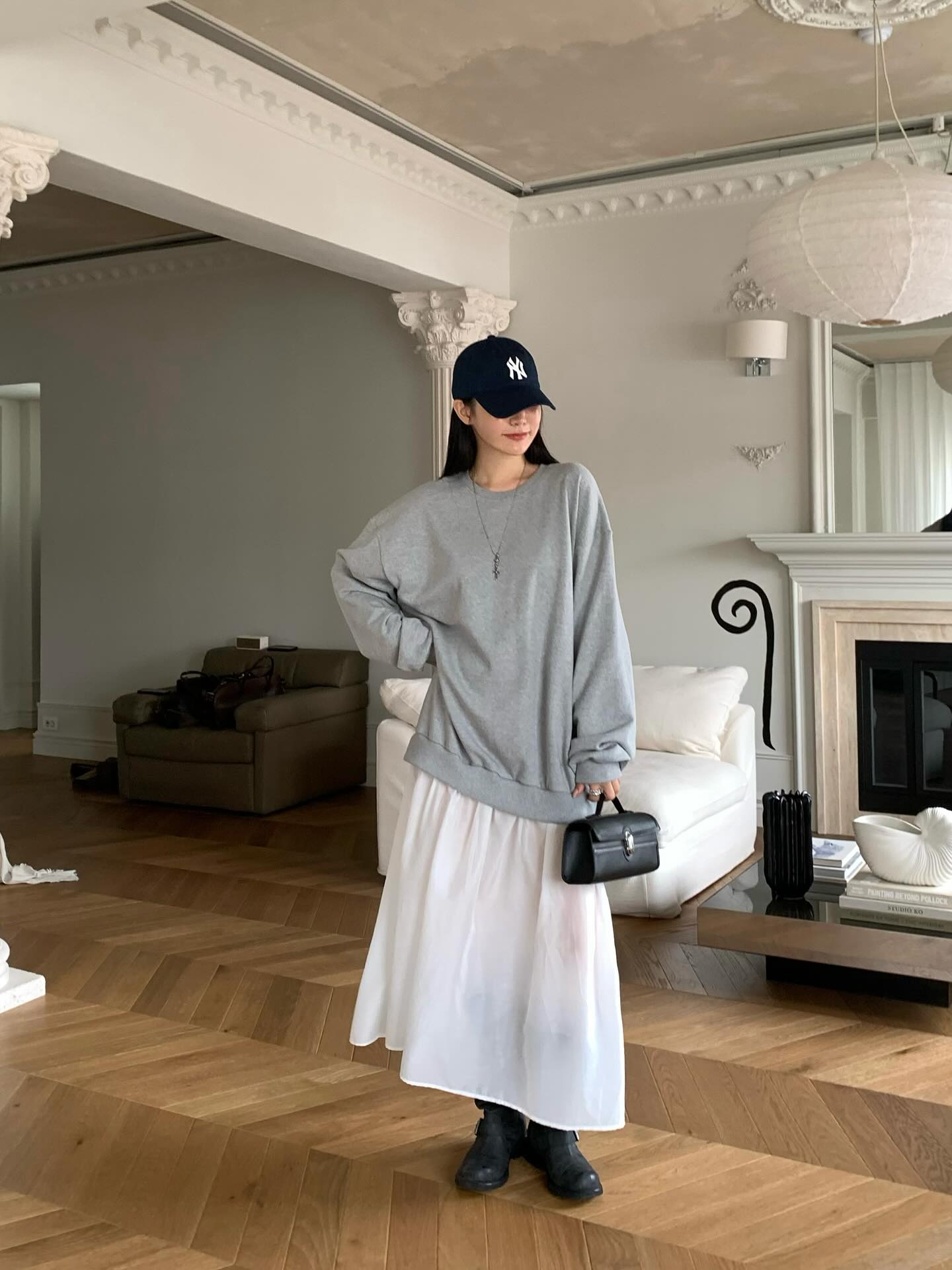 圓領設計感拼接假兩件連衣裙