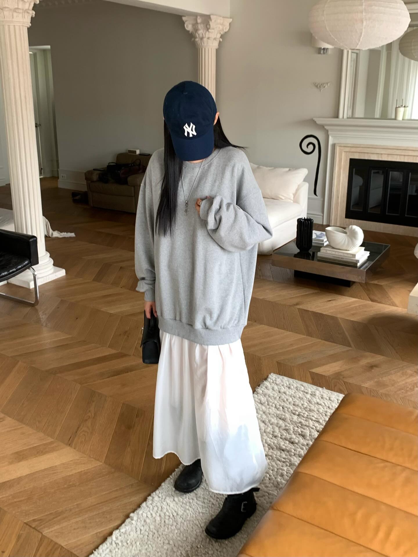 圓領設計感拼接假兩件連衣裙