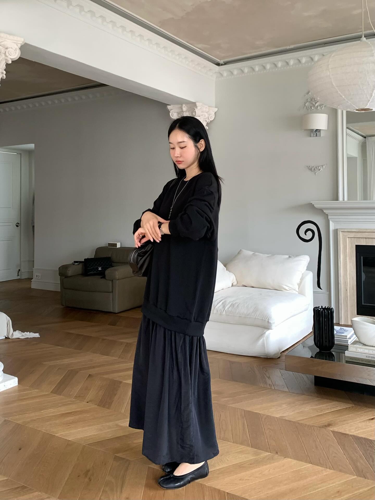 圓領設計感拼接假兩件連衣裙