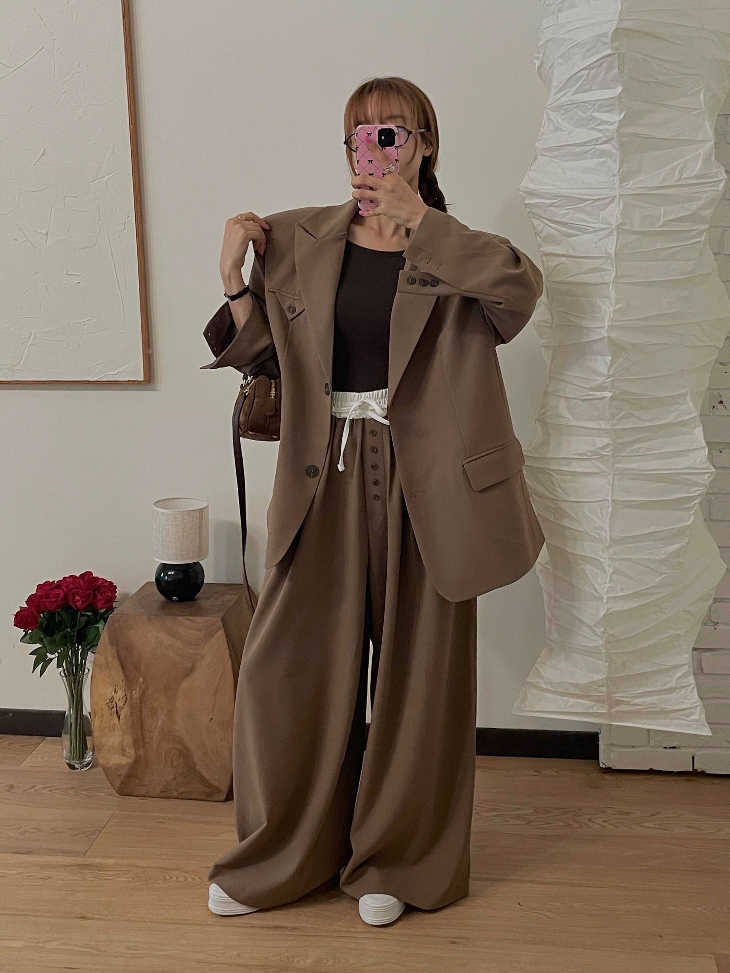 高腰撞色休閒褲