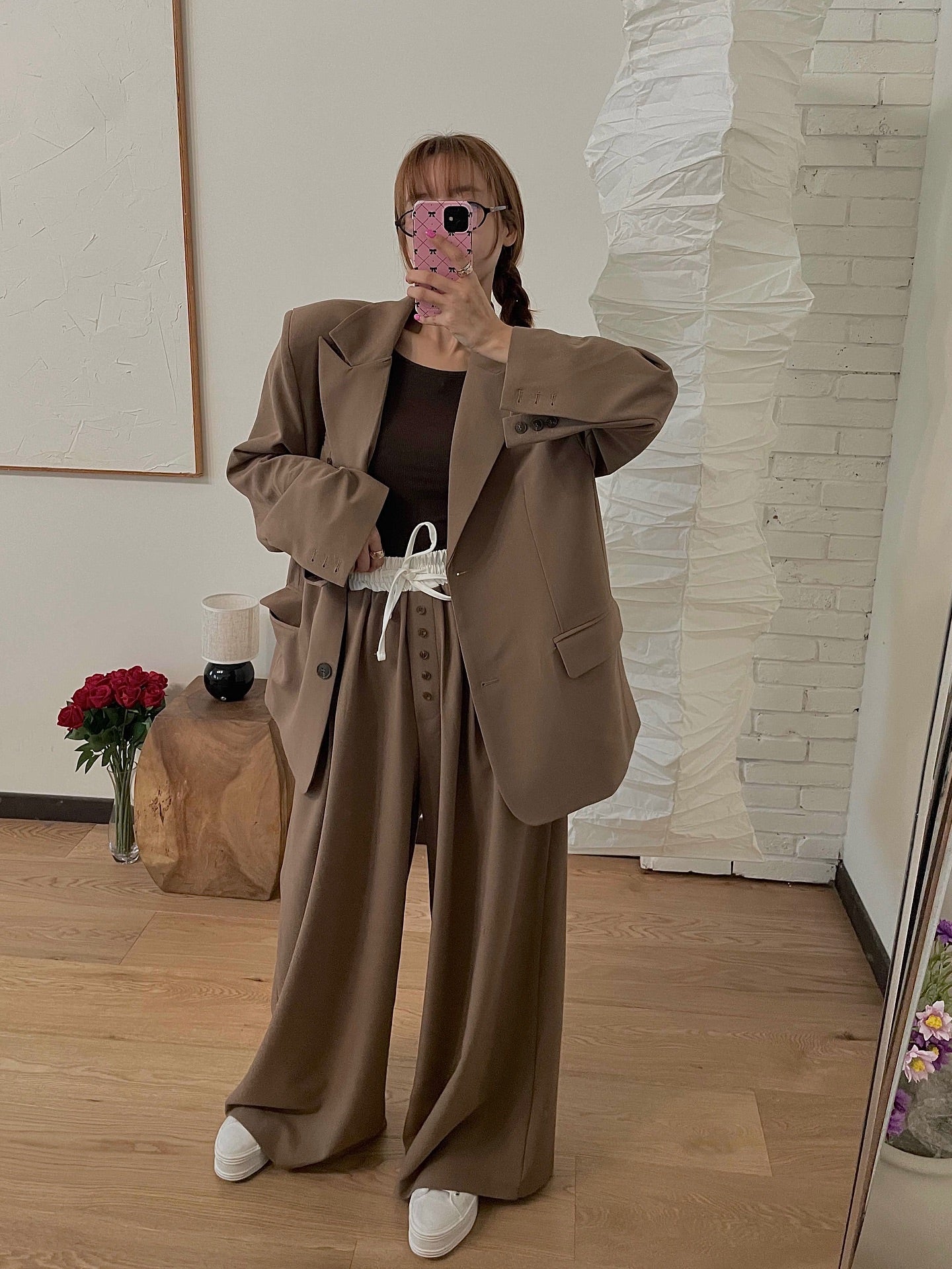 高腰撞色休閒褲