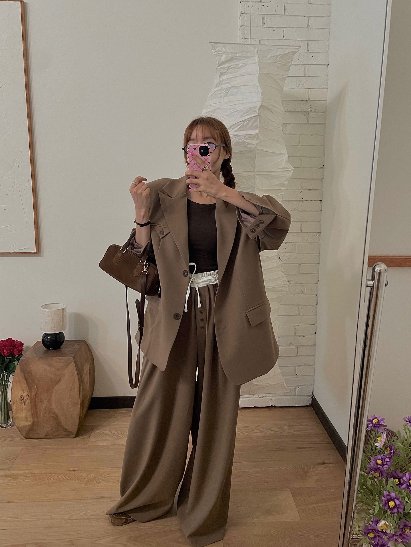 高腰撞色休閒褲