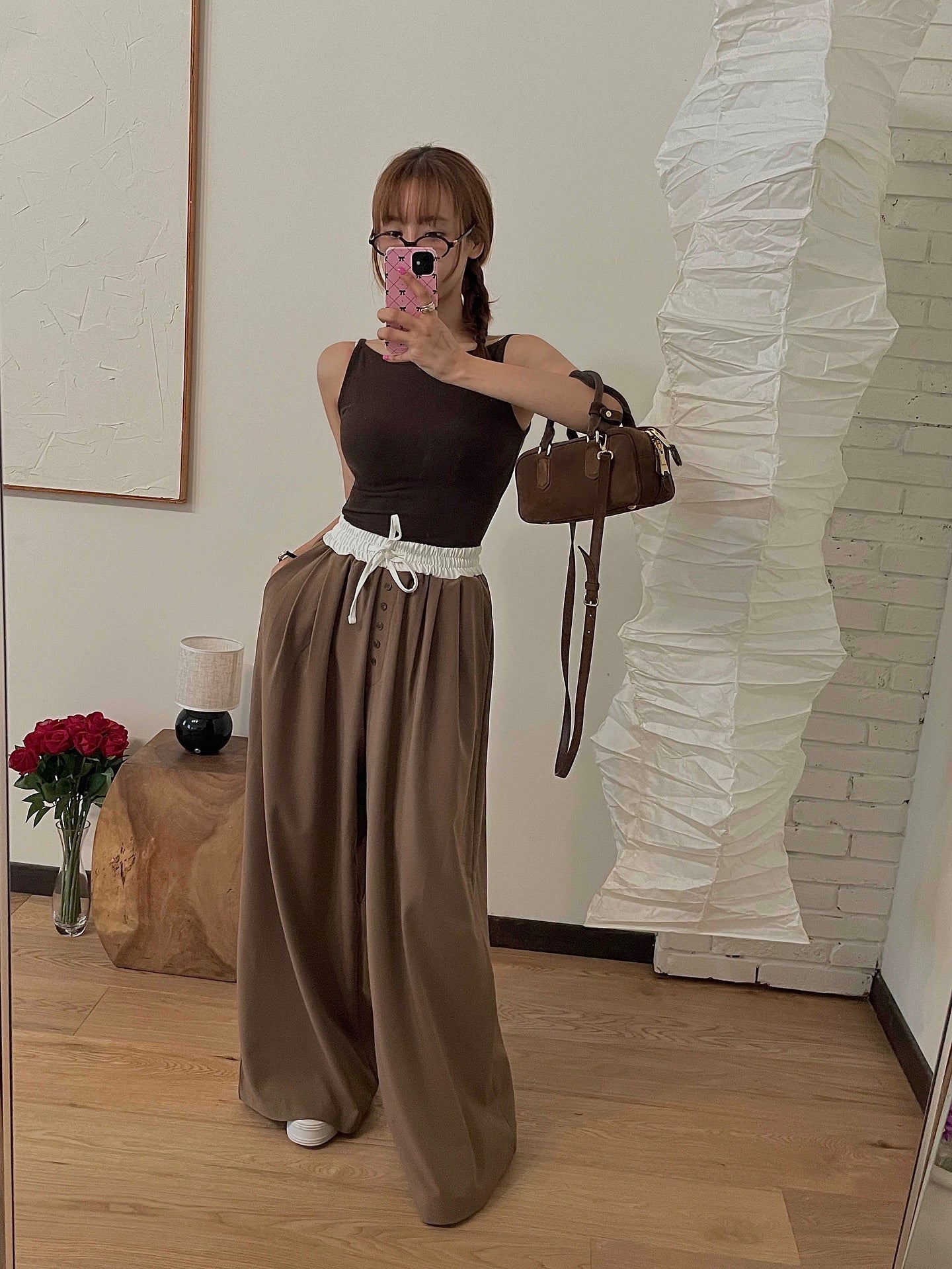 高腰撞色休閒褲