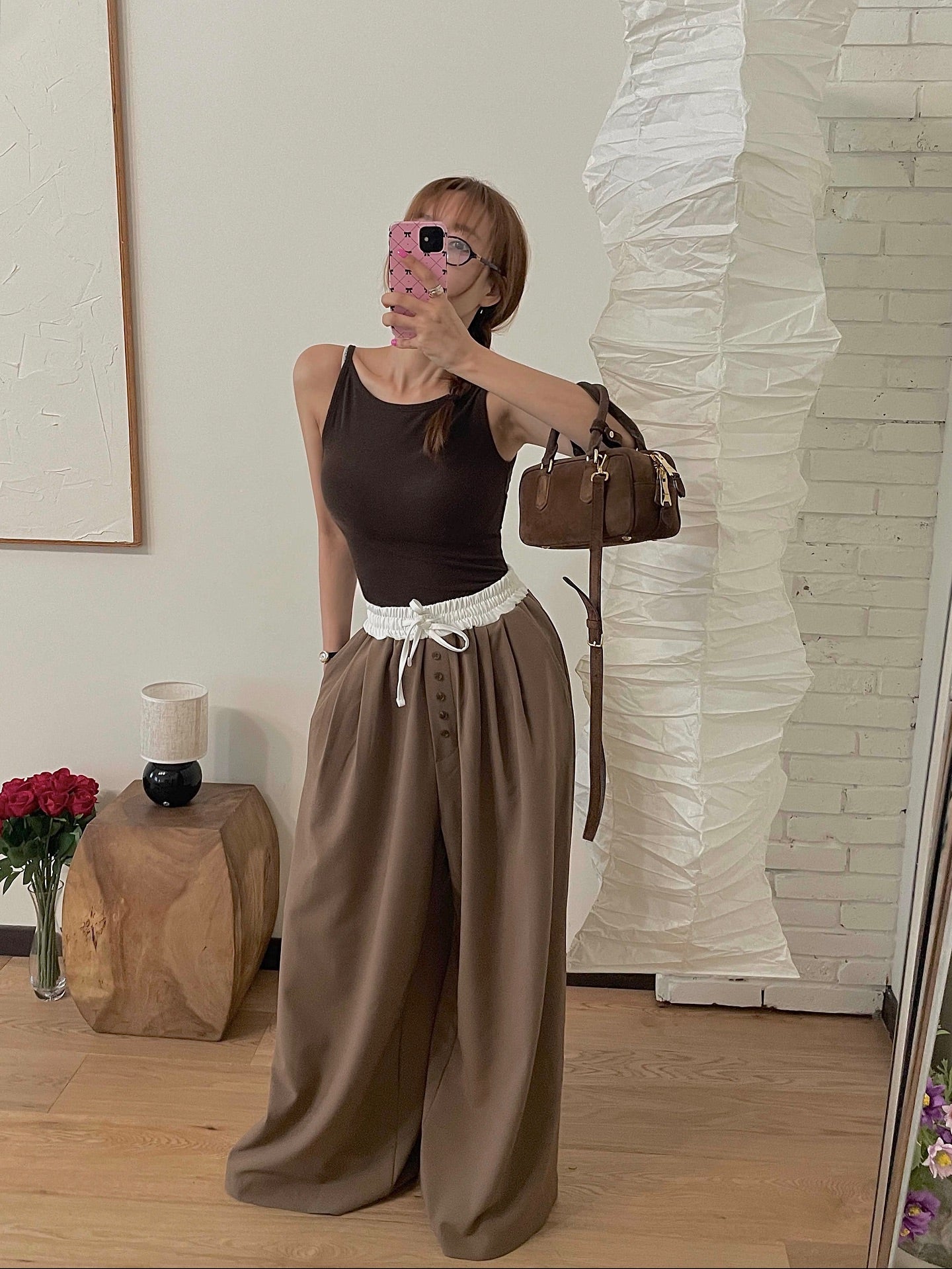 高腰撞色休閒褲