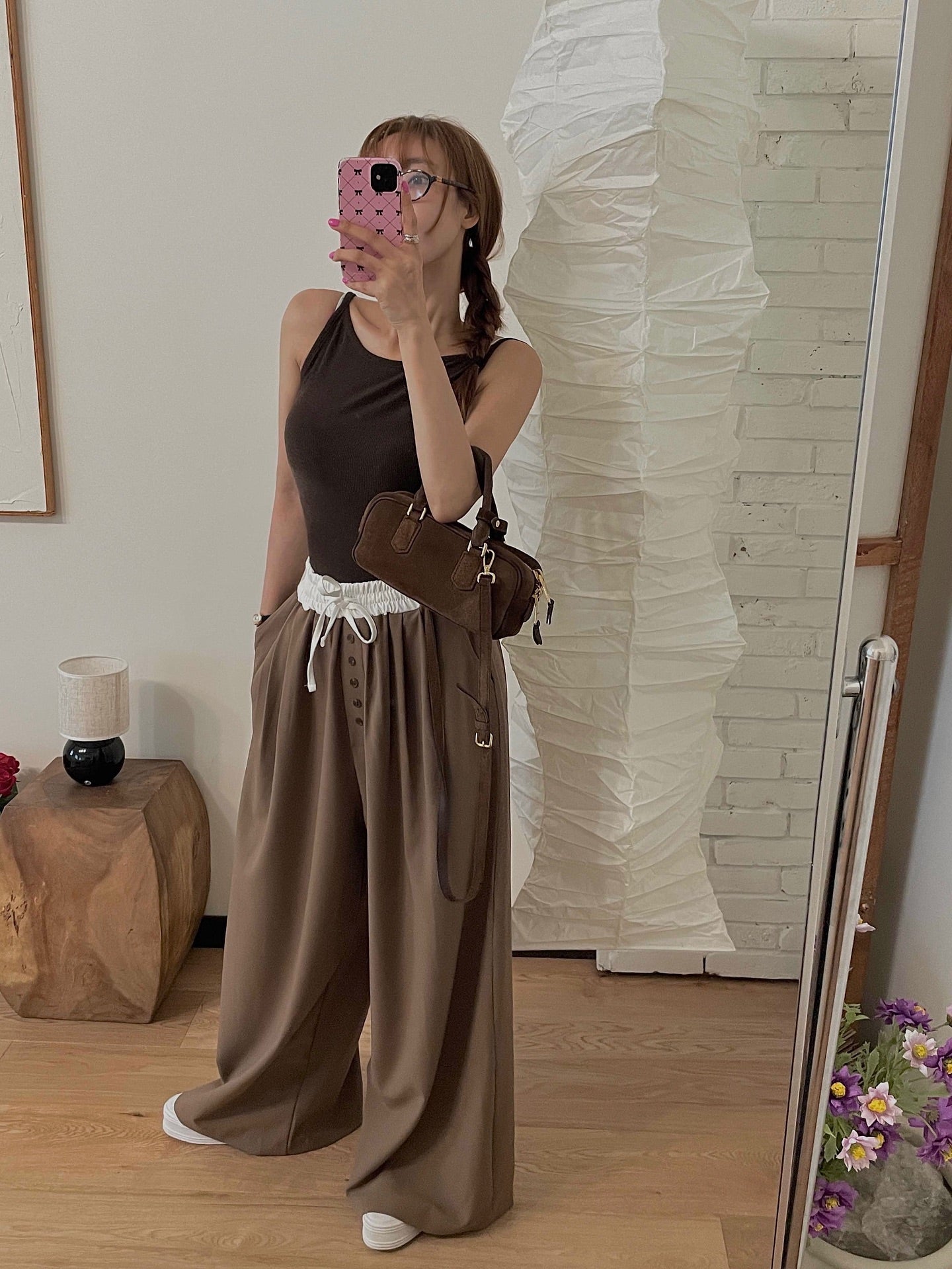 高腰撞色休閒褲