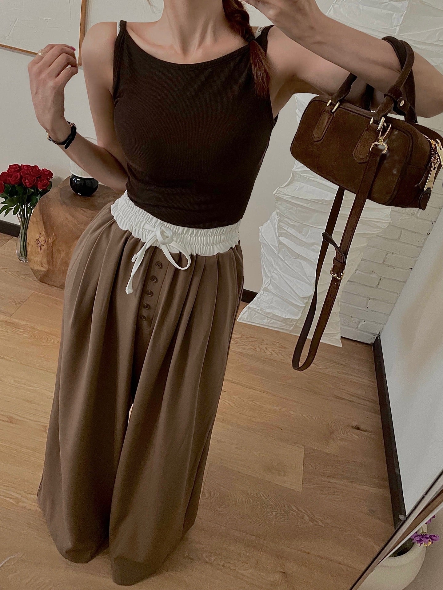 高腰撞色休閒褲