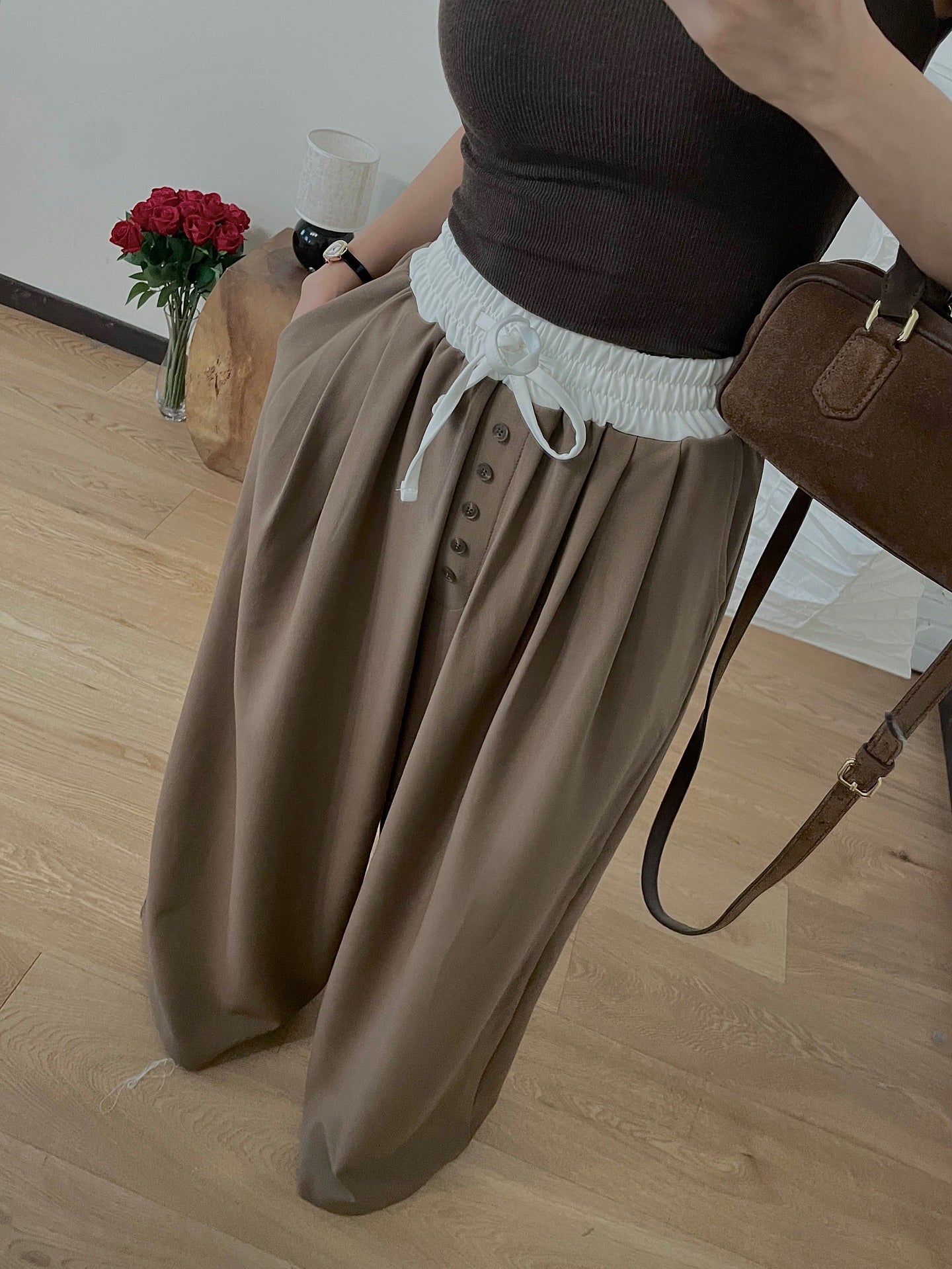 高腰撞色休閒褲