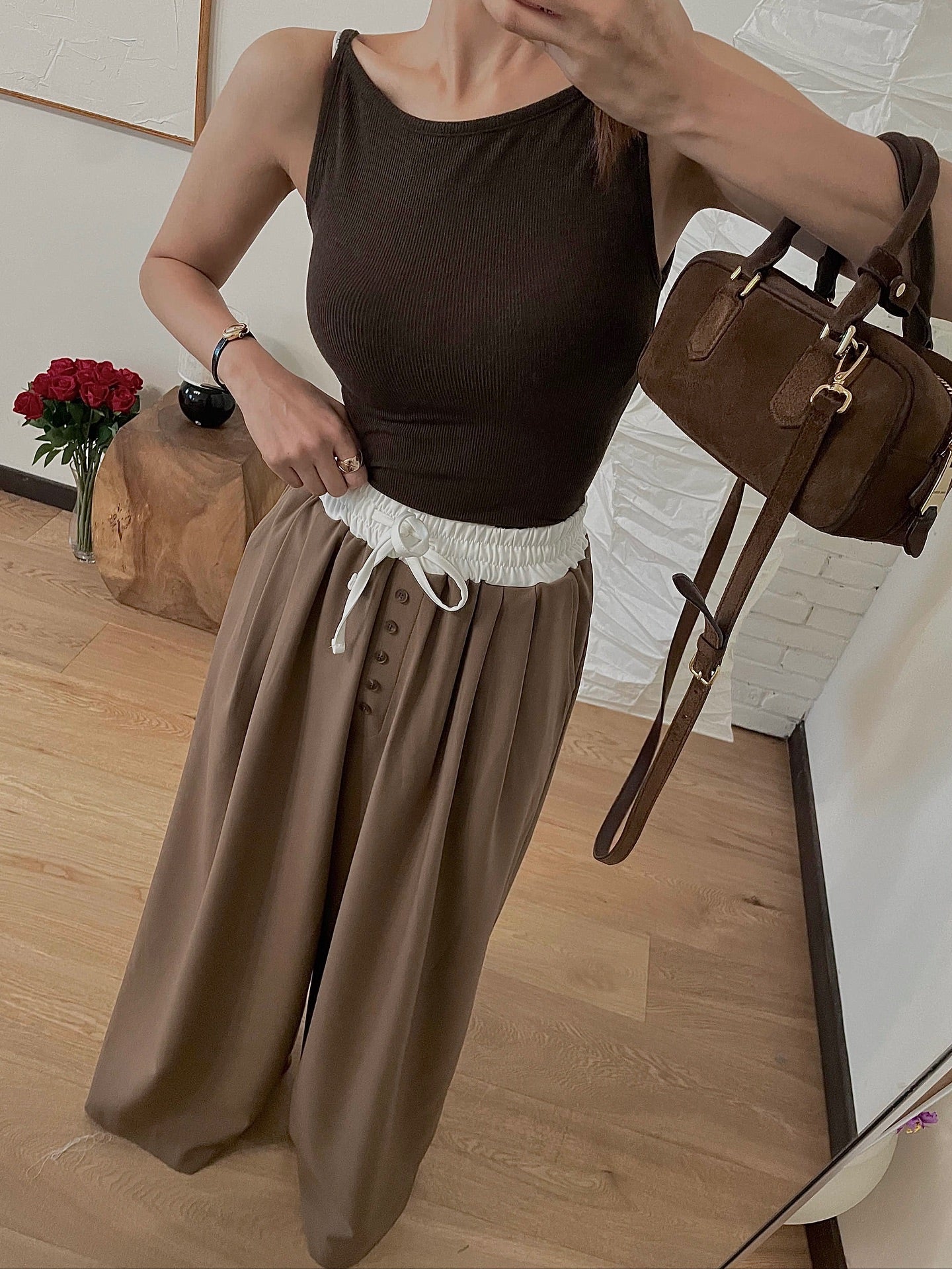 高腰撞色休閒褲