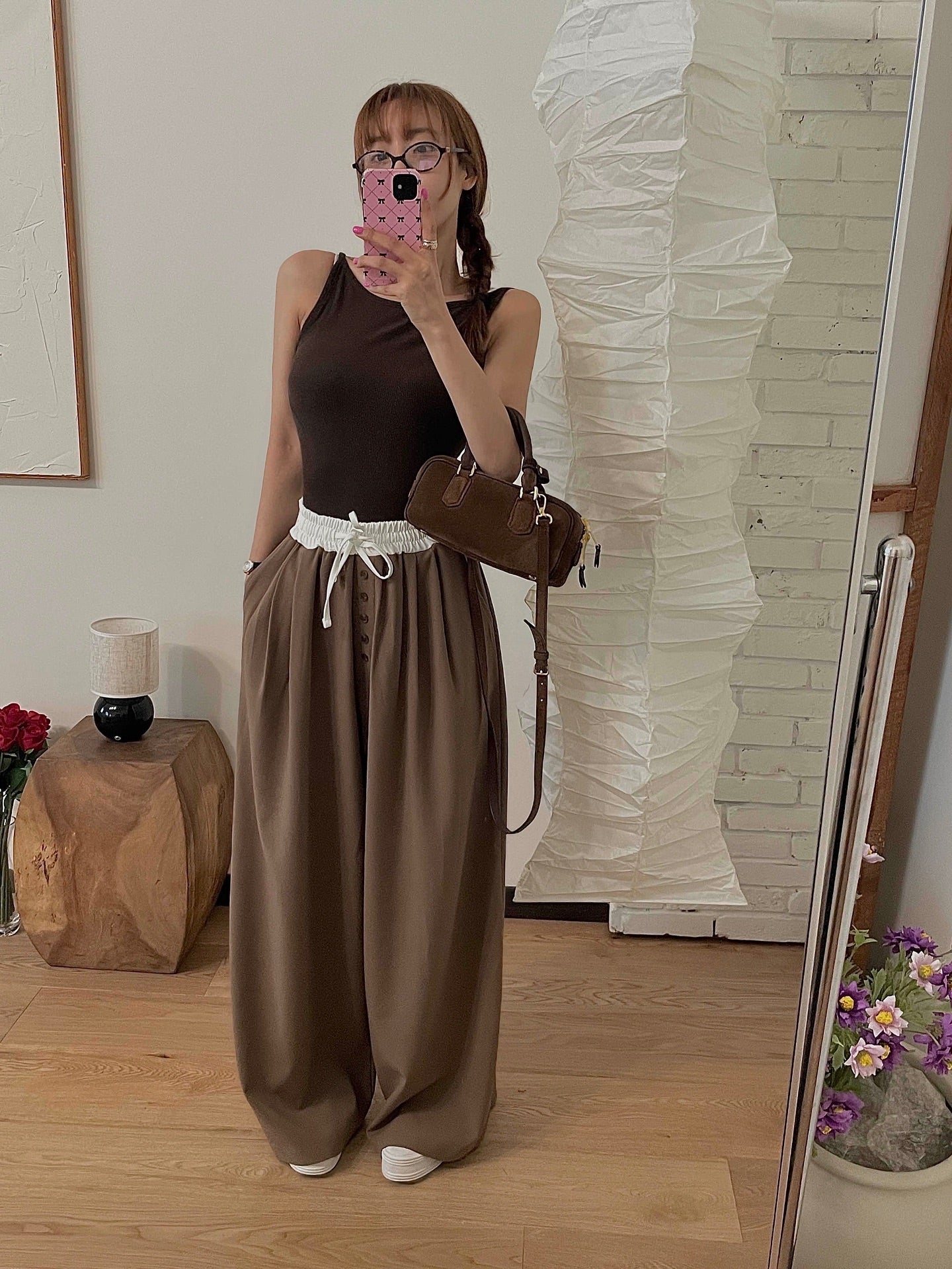 高腰撞色休閒褲