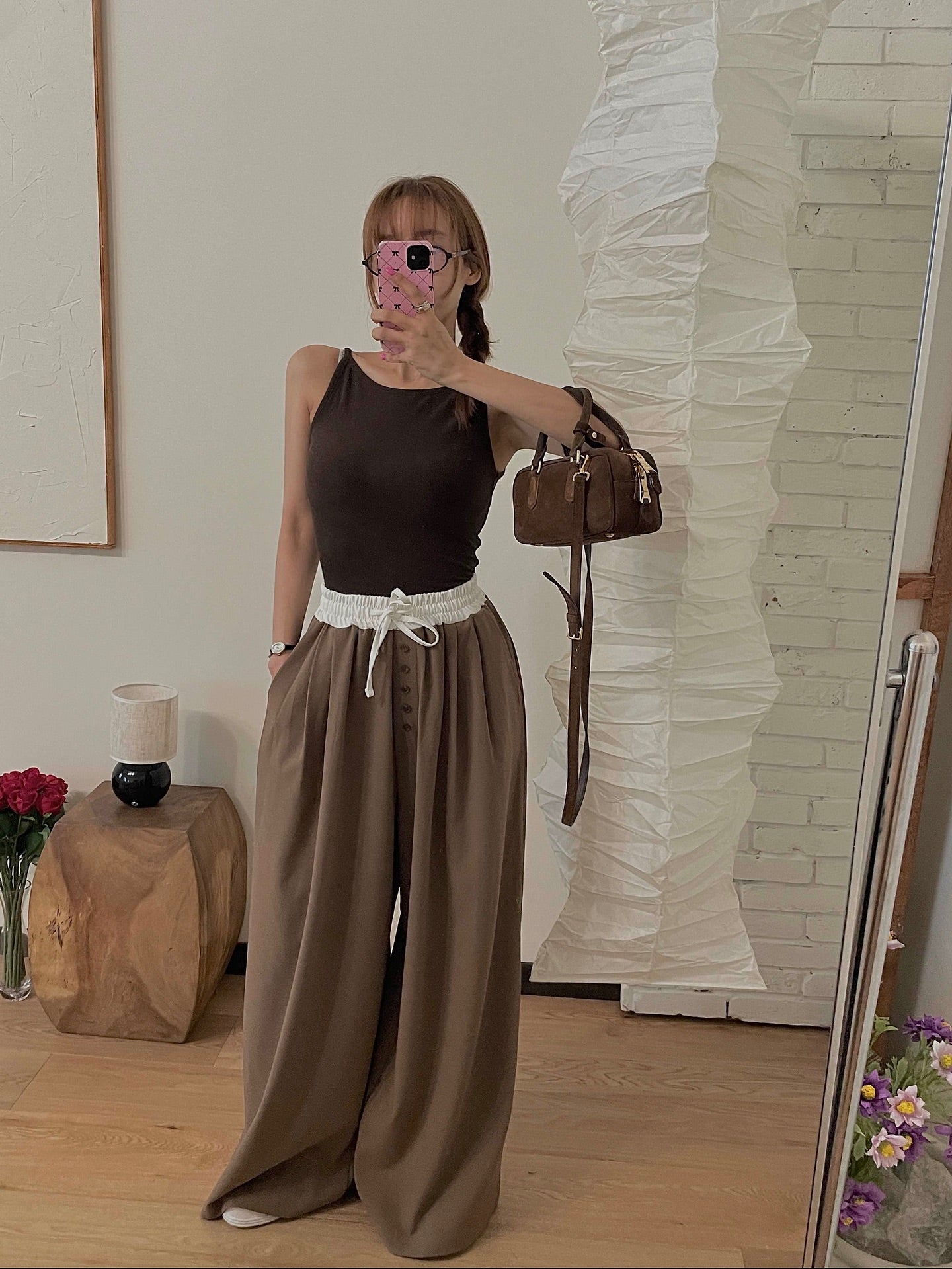 高腰撞色休閒褲