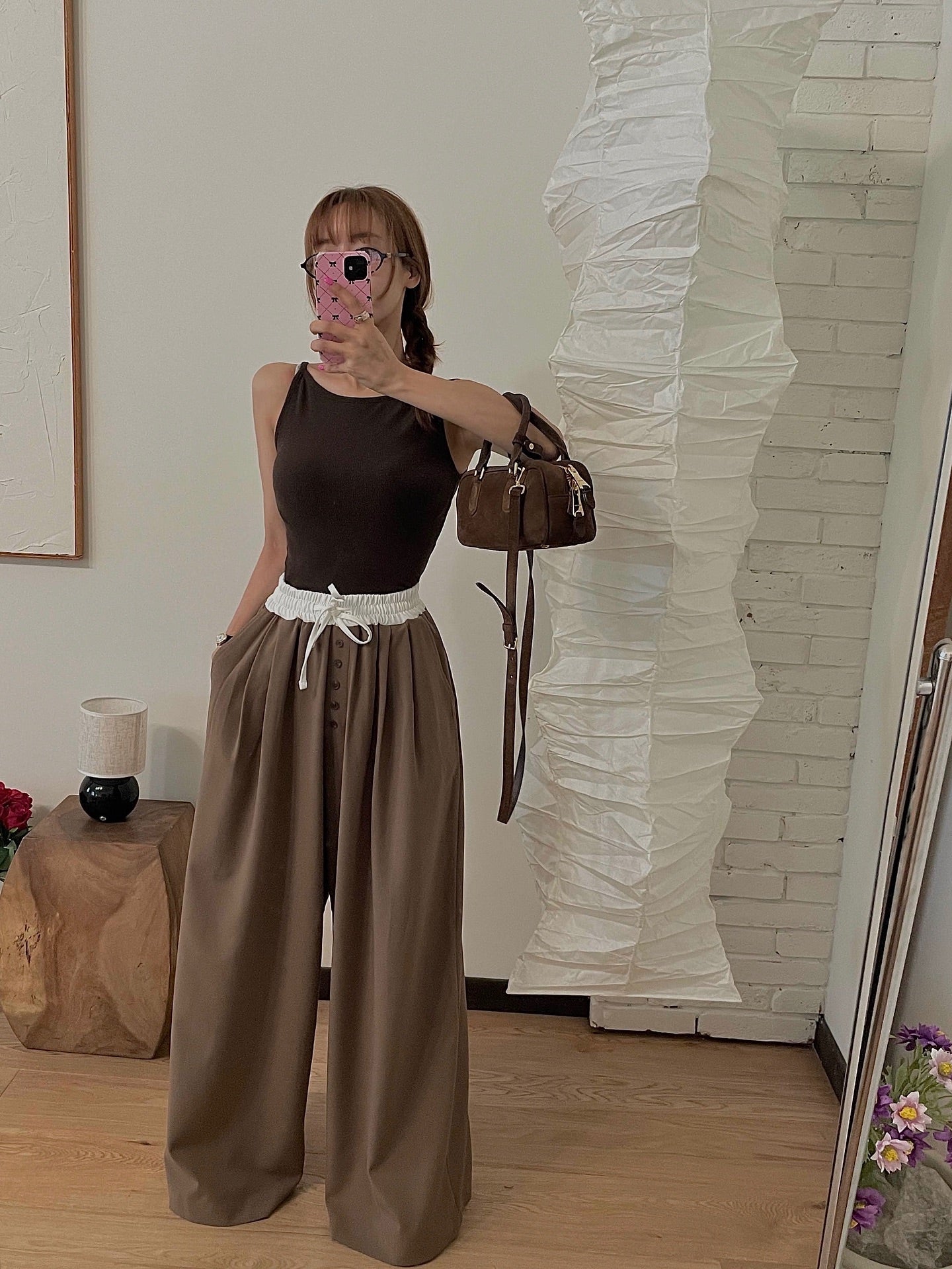 高腰撞色休閒褲