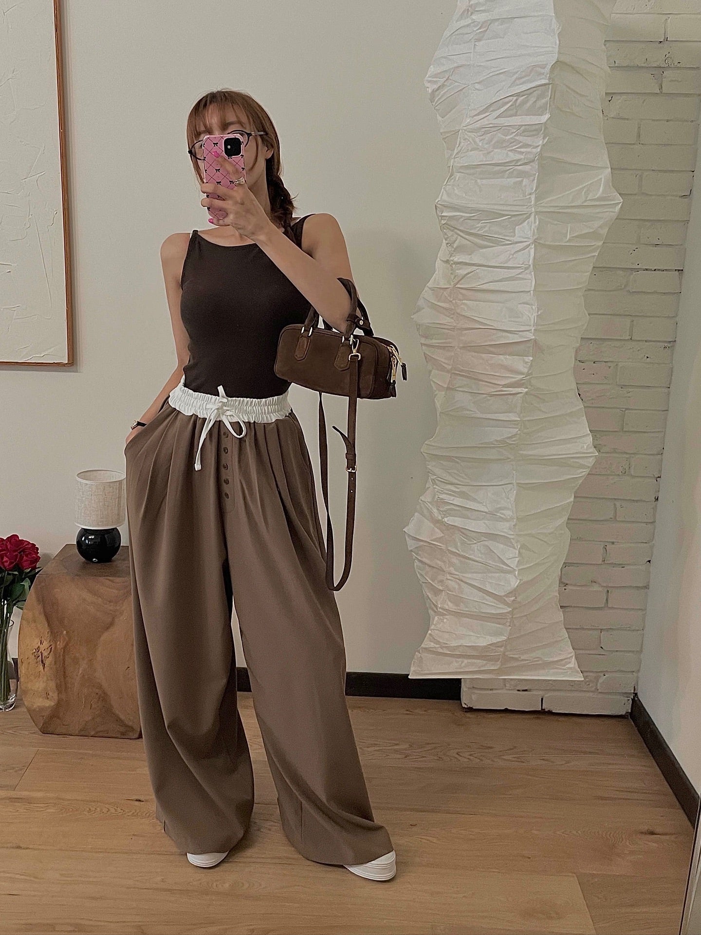 高腰撞色休閒褲