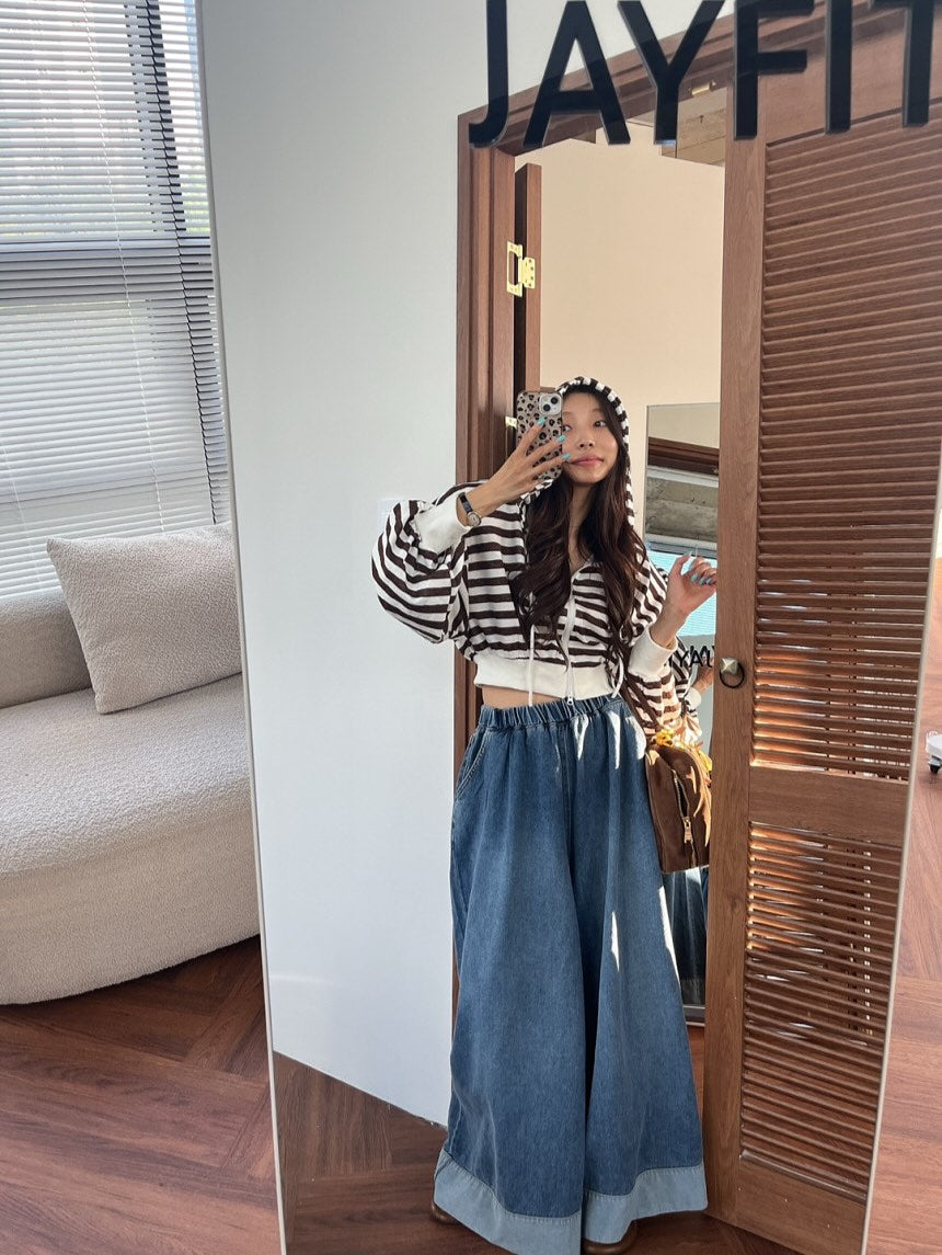 復古磨白鬆緊腰撞色拼接寬腿牛仔褲