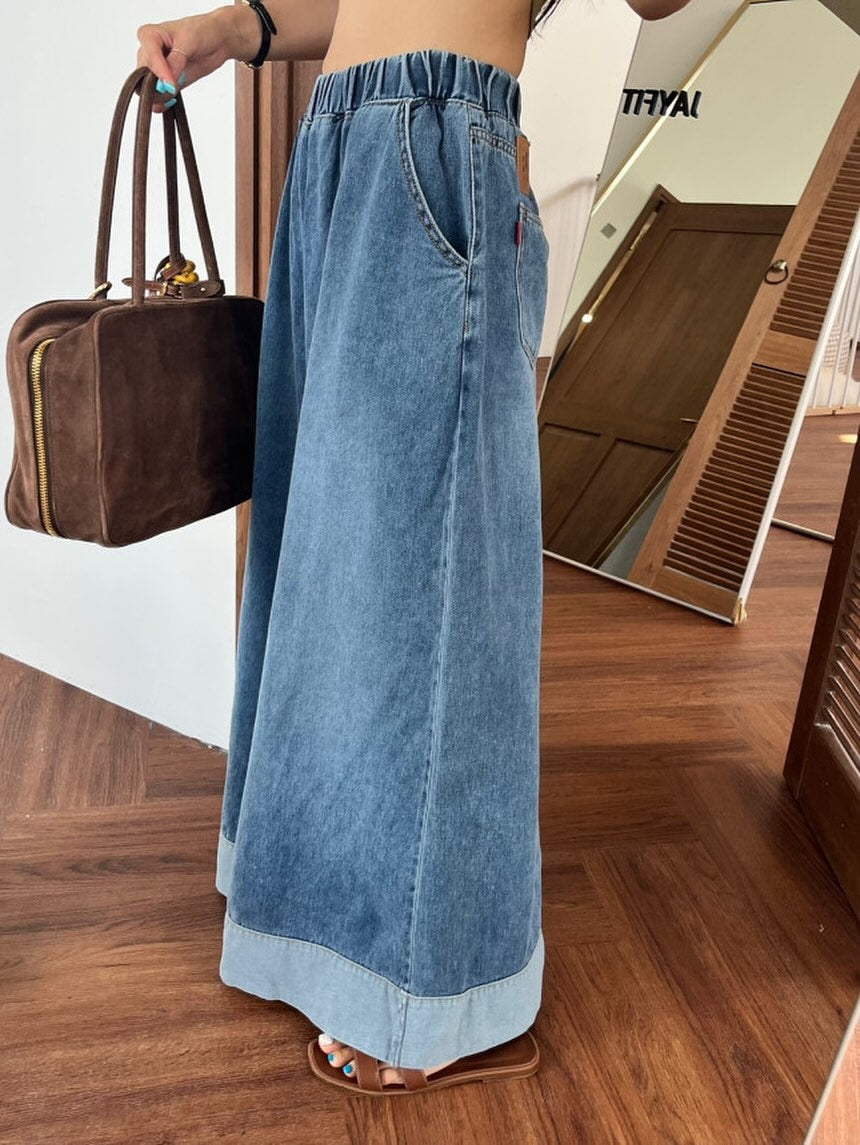 復古磨白鬆緊腰撞色拼接寬腿牛仔褲