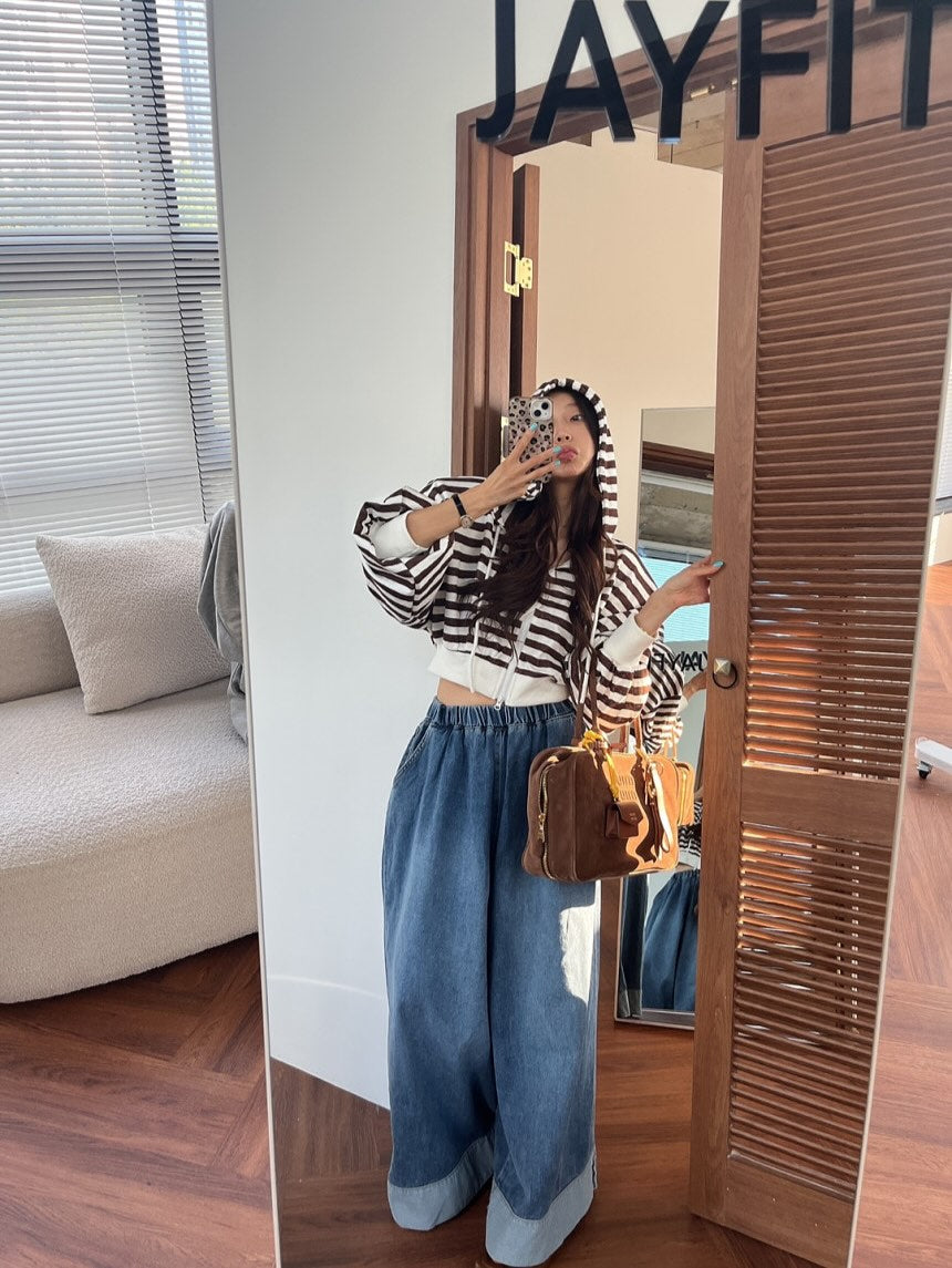 復古磨白鬆緊腰撞色拼接寬腿牛仔褲