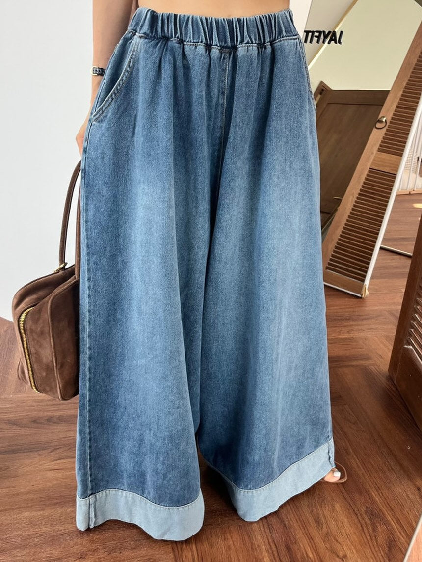 復古磨白鬆緊腰撞色拼接寬腿牛仔褲