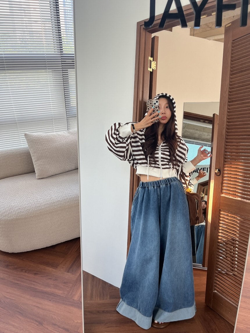 復古磨白鬆緊腰撞色拼接寬腿牛仔褲