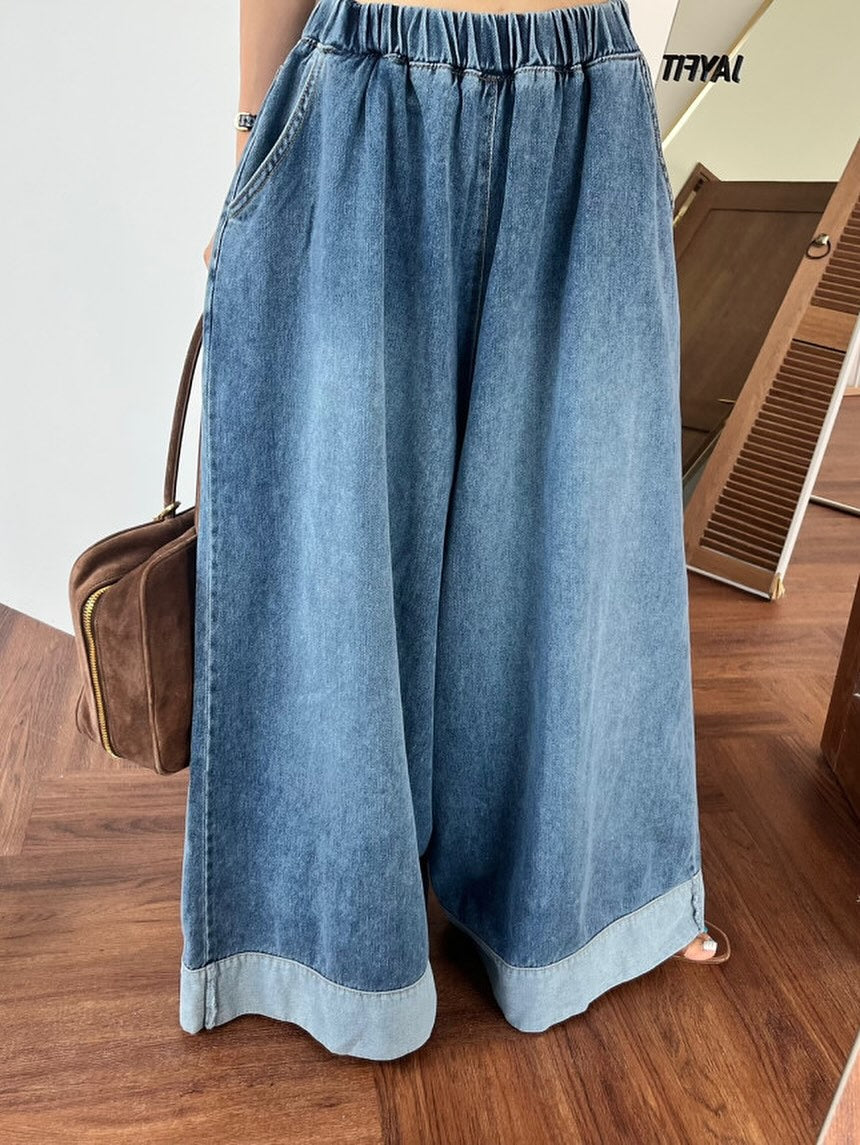 復古磨白鬆緊腰撞色拼接寬腿牛仔褲