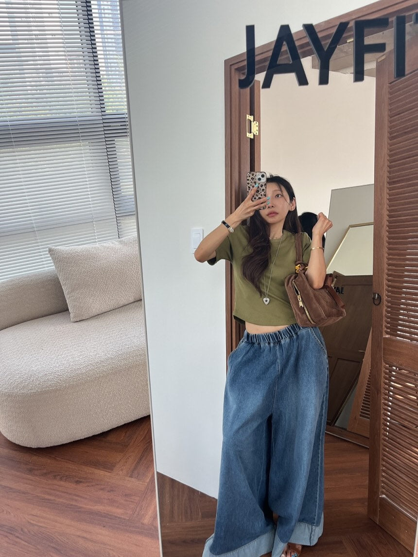 復古磨白鬆緊腰撞色拼接寬腿牛仔褲