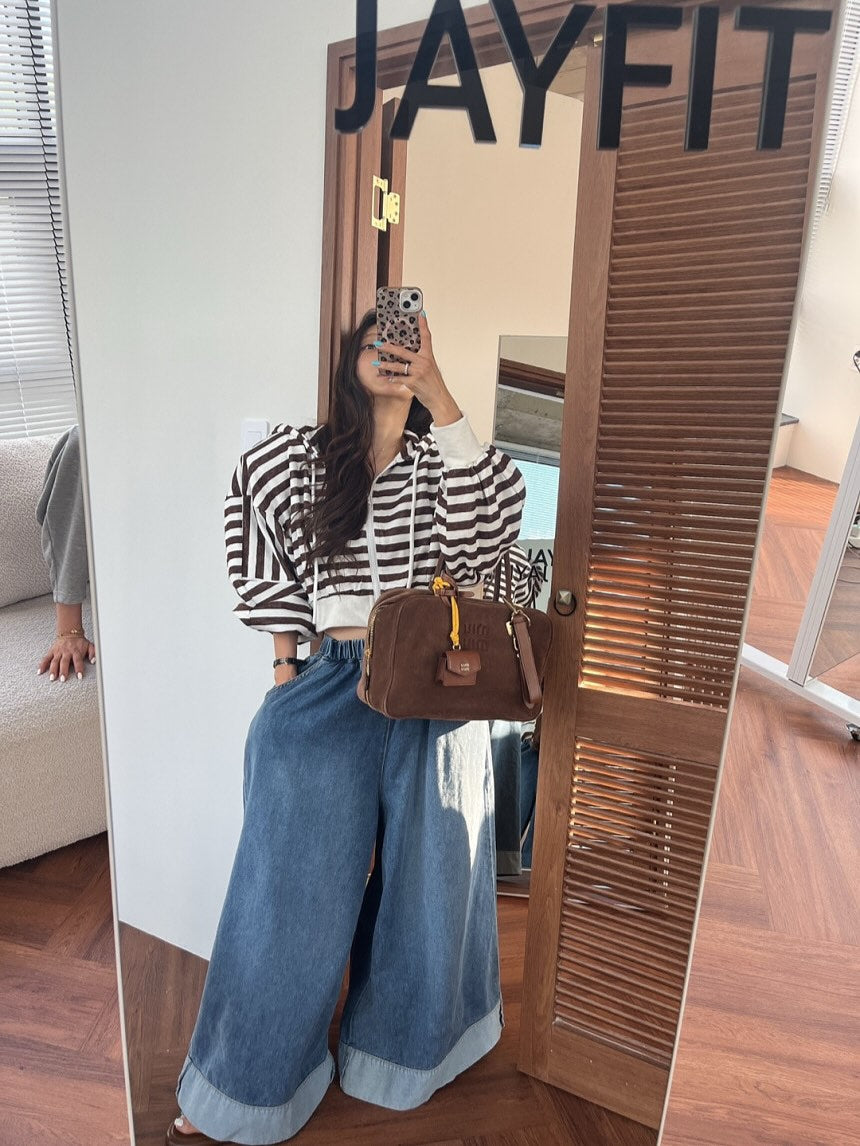 復古磨白鬆緊腰撞色拼接寬腿牛仔褲