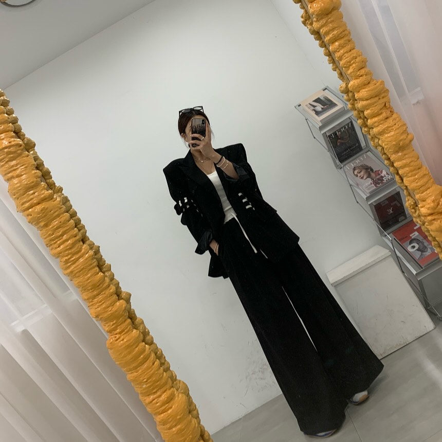 高腰撞色休閒褲