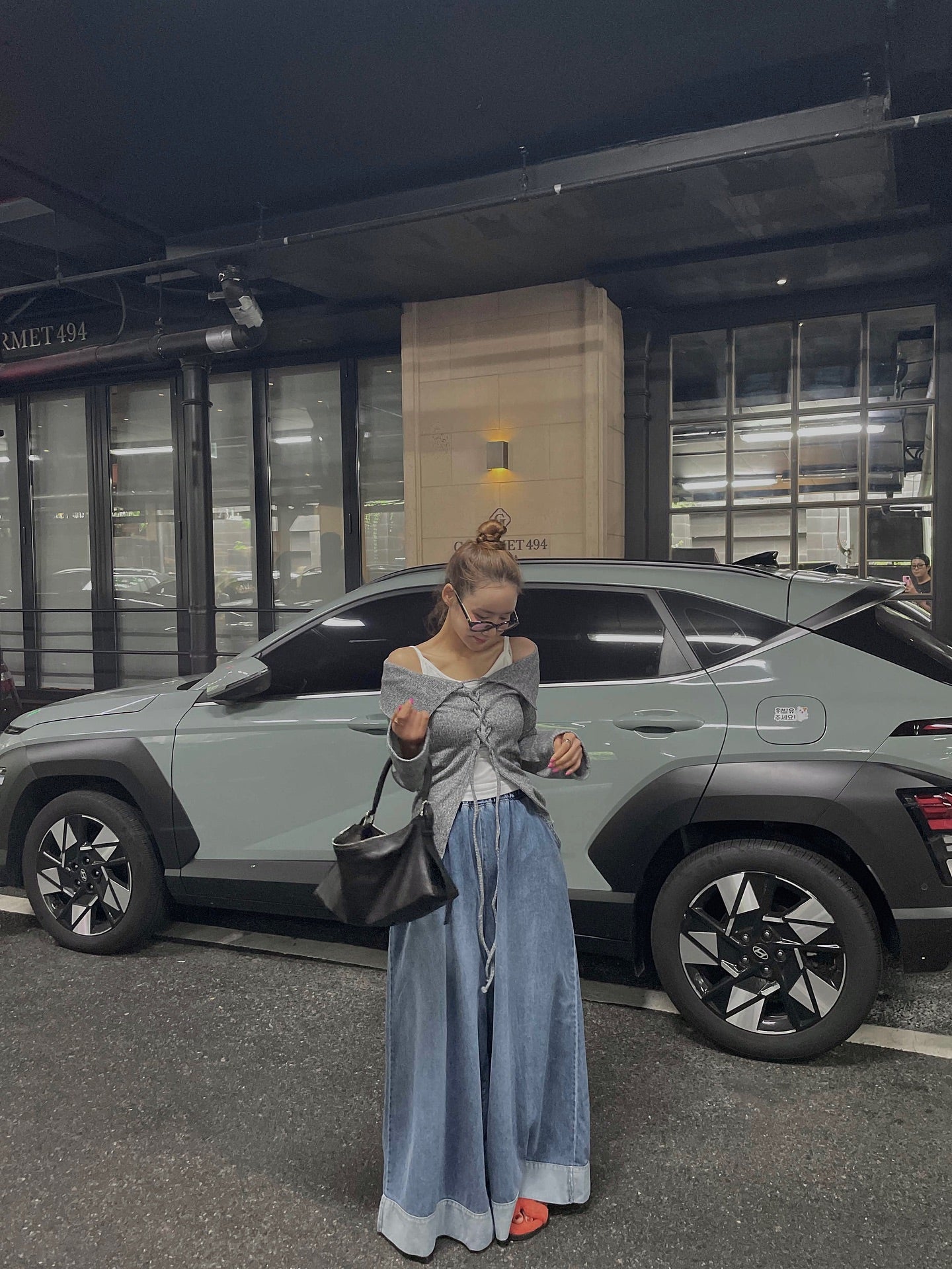 復古磨白鬆緊腰撞色拼接寬腿牛仔褲