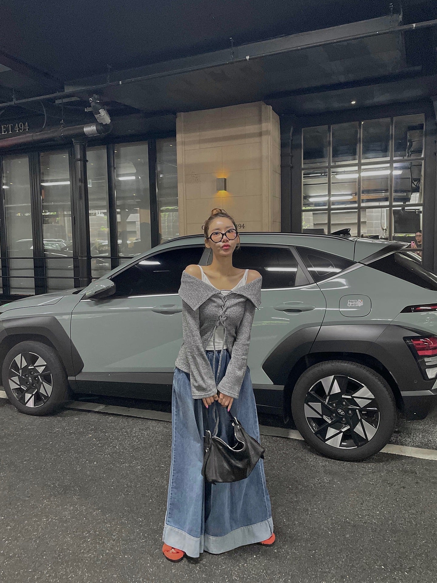 復古磨白鬆緊腰撞色拼接寬腿牛仔褲