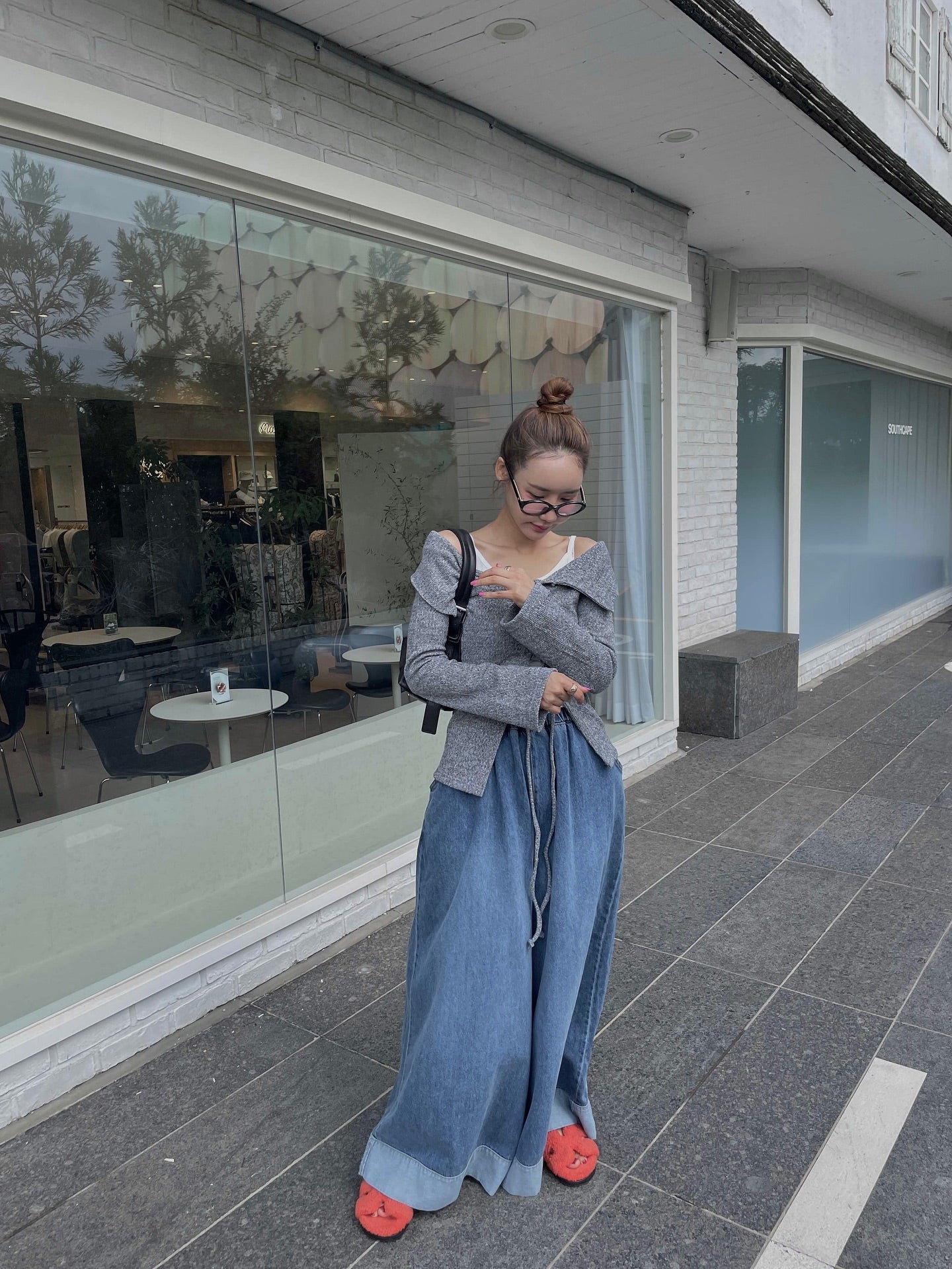 復古磨白鬆緊腰撞色拼接寬腿牛仔褲