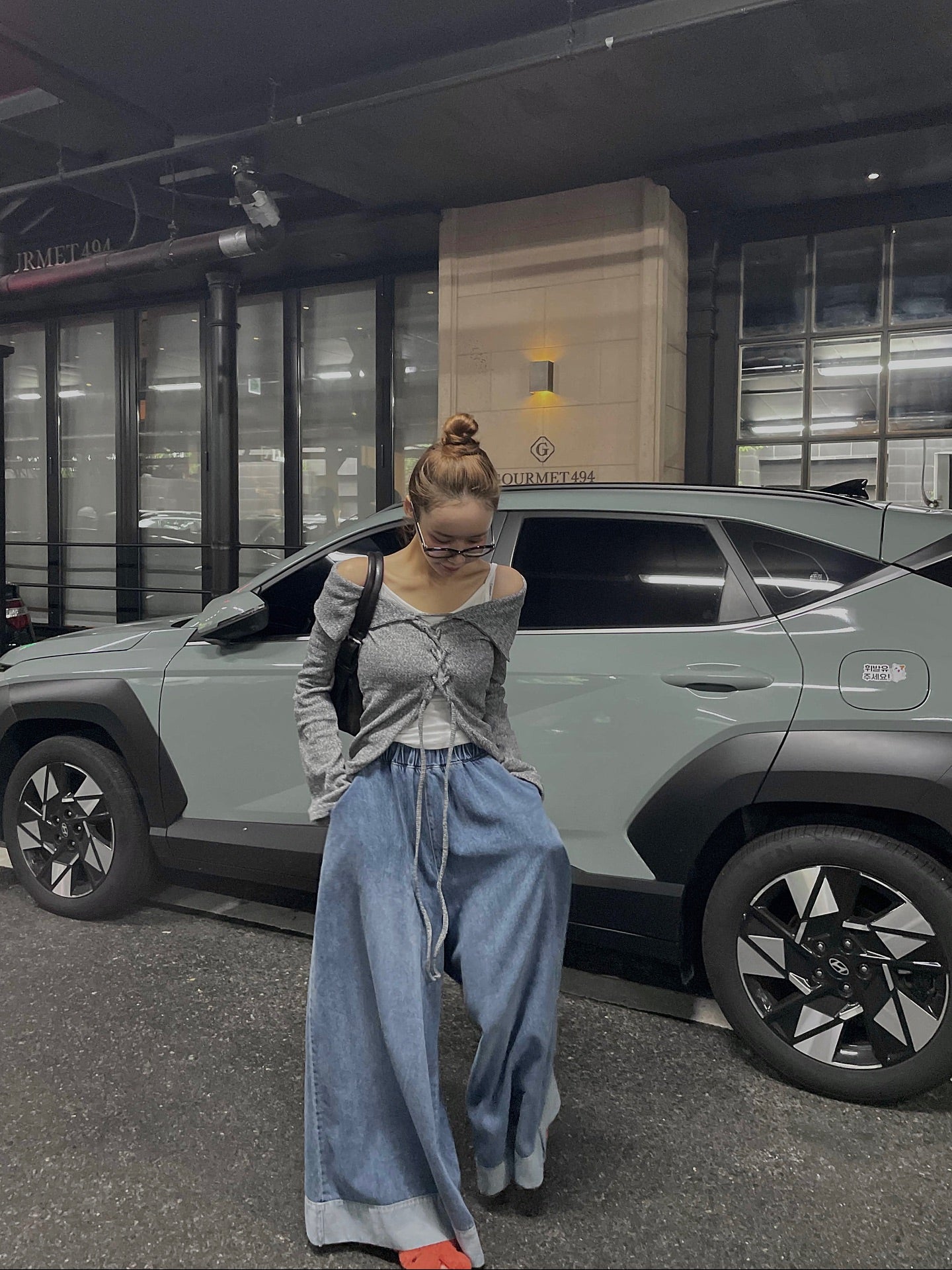 復古磨白鬆緊腰撞色拼接寬腿牛仔褲