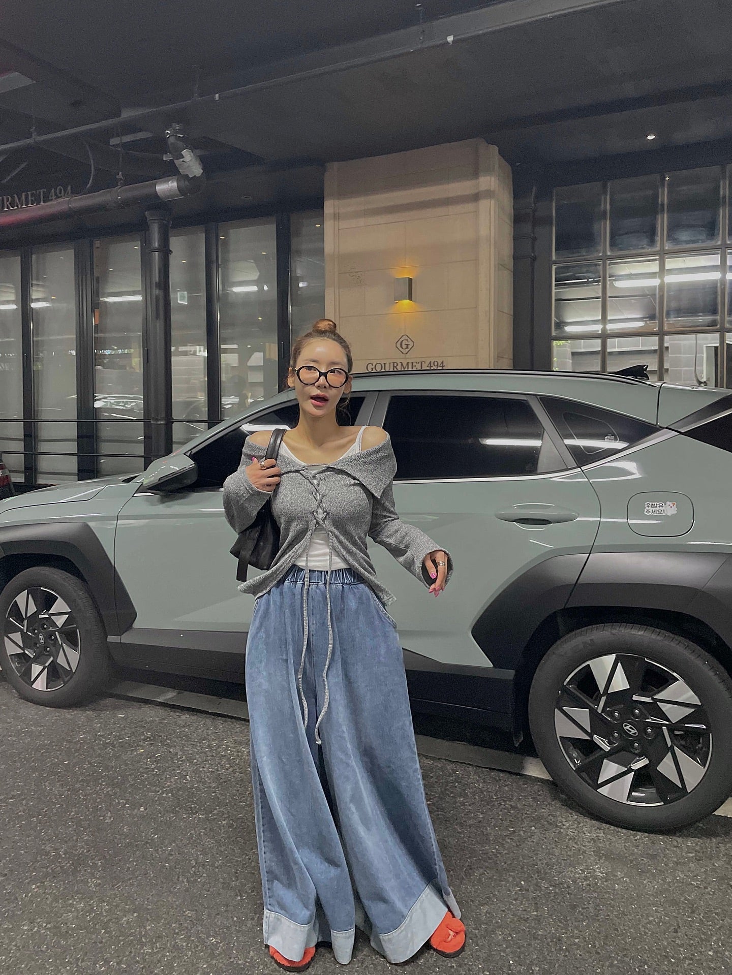 復古磨白鬆緊腰撞色拼接寬腿牛仔褲