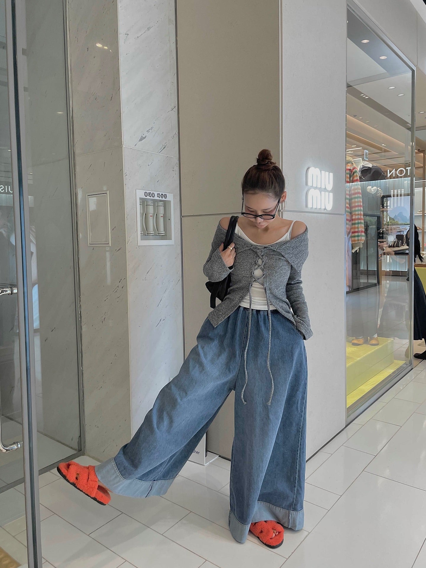 復古磨白鬆緊腰撞色拼接寬腿牛仔褲