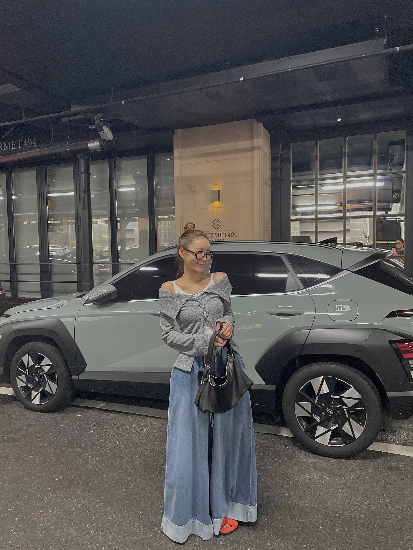 復古磨白鬆緊腰撞色拼接寬腿牛仔褲