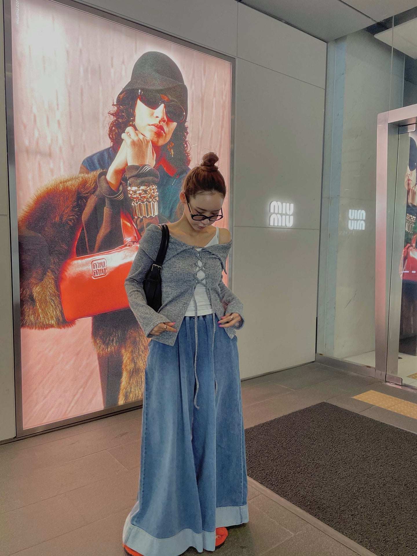 復古磨白鬆緊腰撞色拼接寬腿牛仔褲