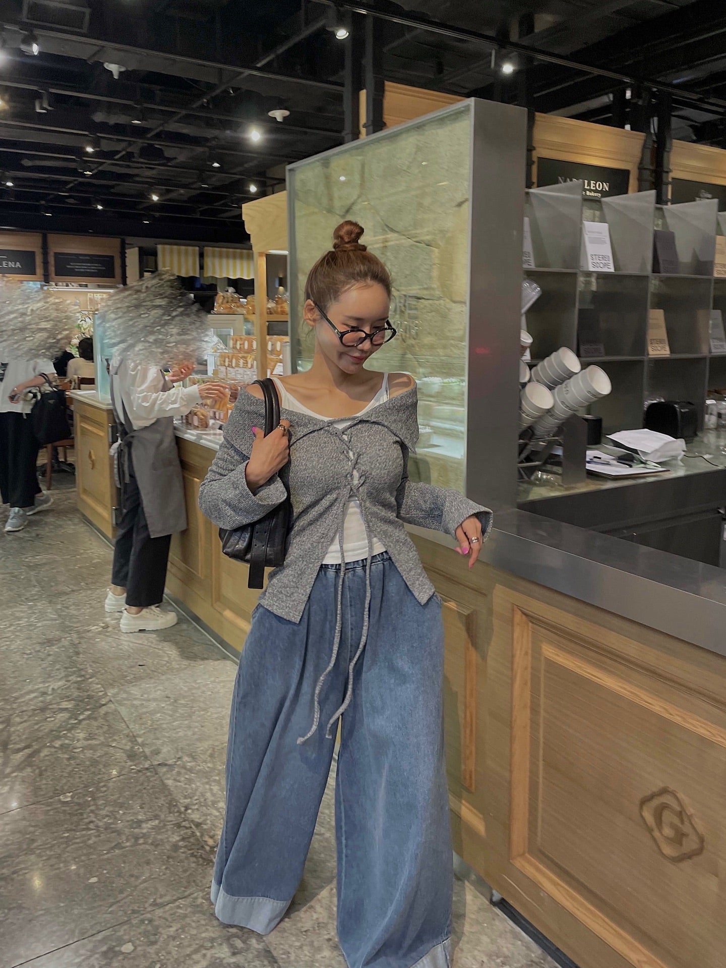 復古磨白鬆緊腰撞色拼接寬腿牛仔褲