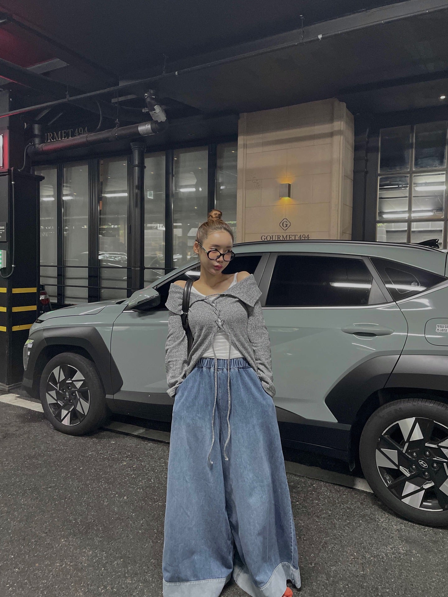 復古磨白鬆緊腰撞色拼接寬腿牛仔褲