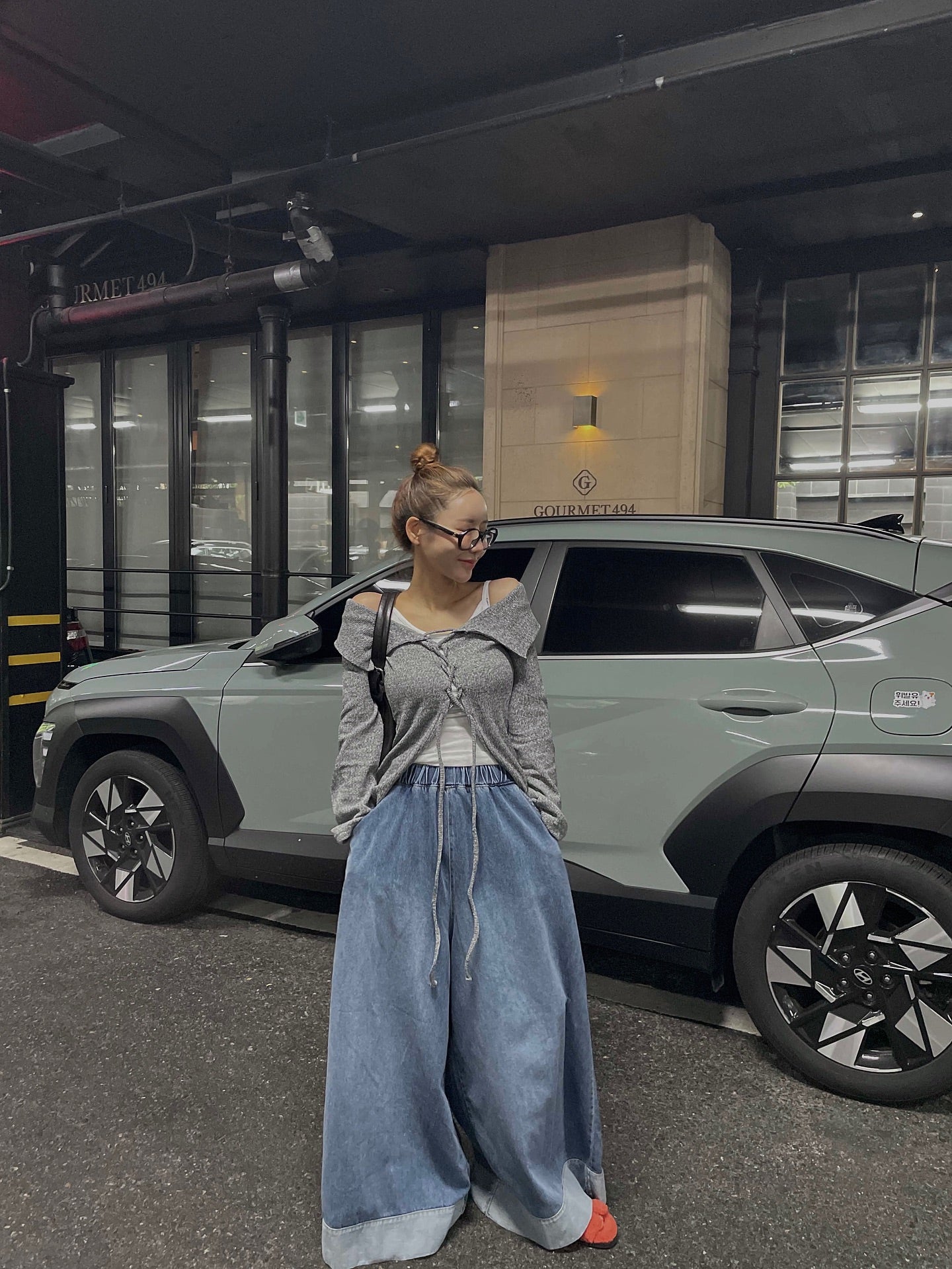 復古磨白鬆緊腰撞色拼接寬腿牛仔褲