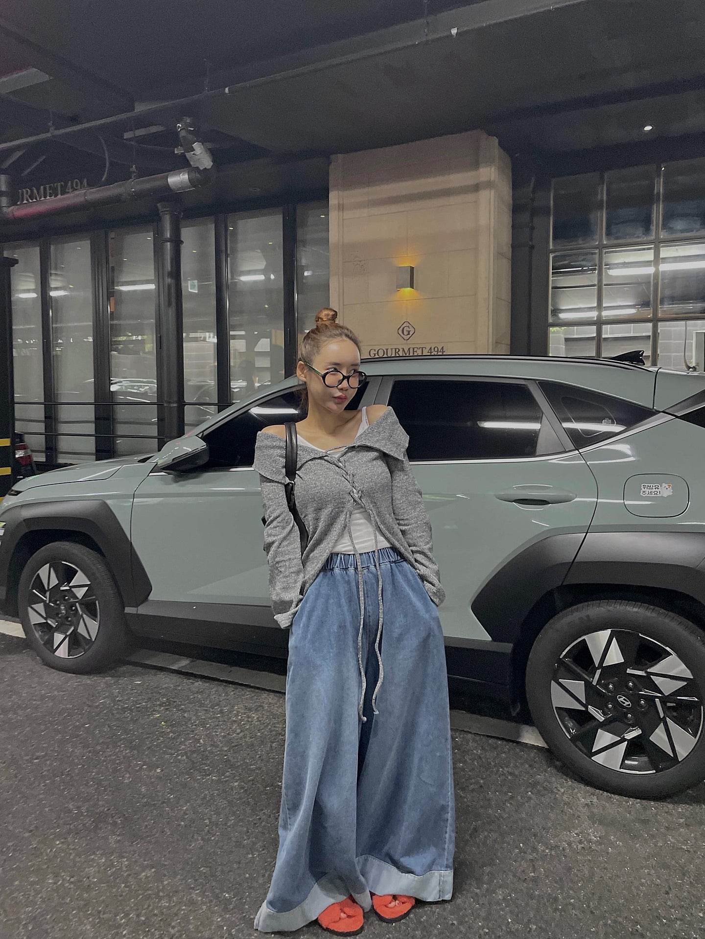 復古磨白鬆緊腰撞色拼接寬腿牛仔褲