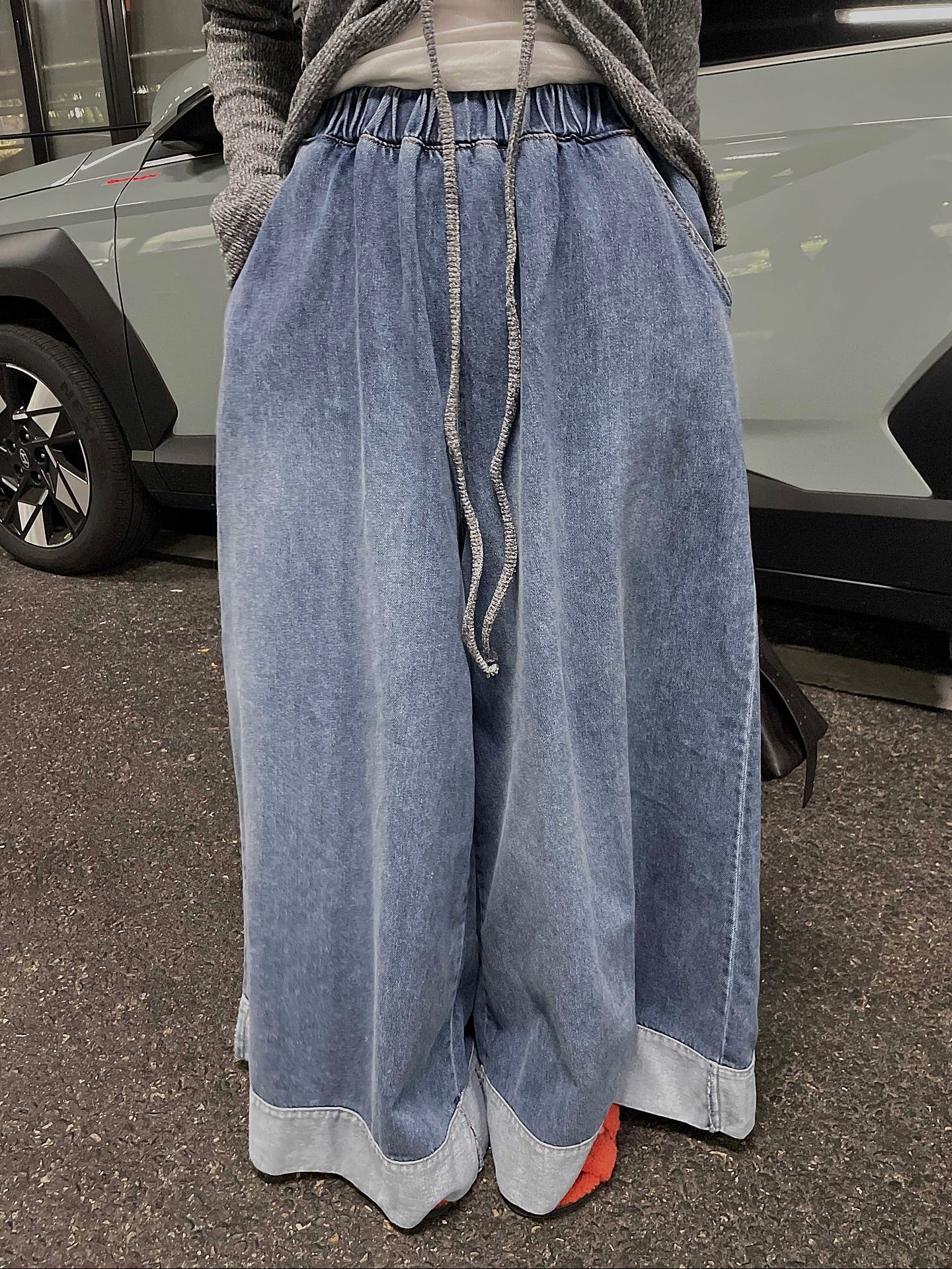 復古磨白鬆緊腰撞色拼接寬腿牛仔褲