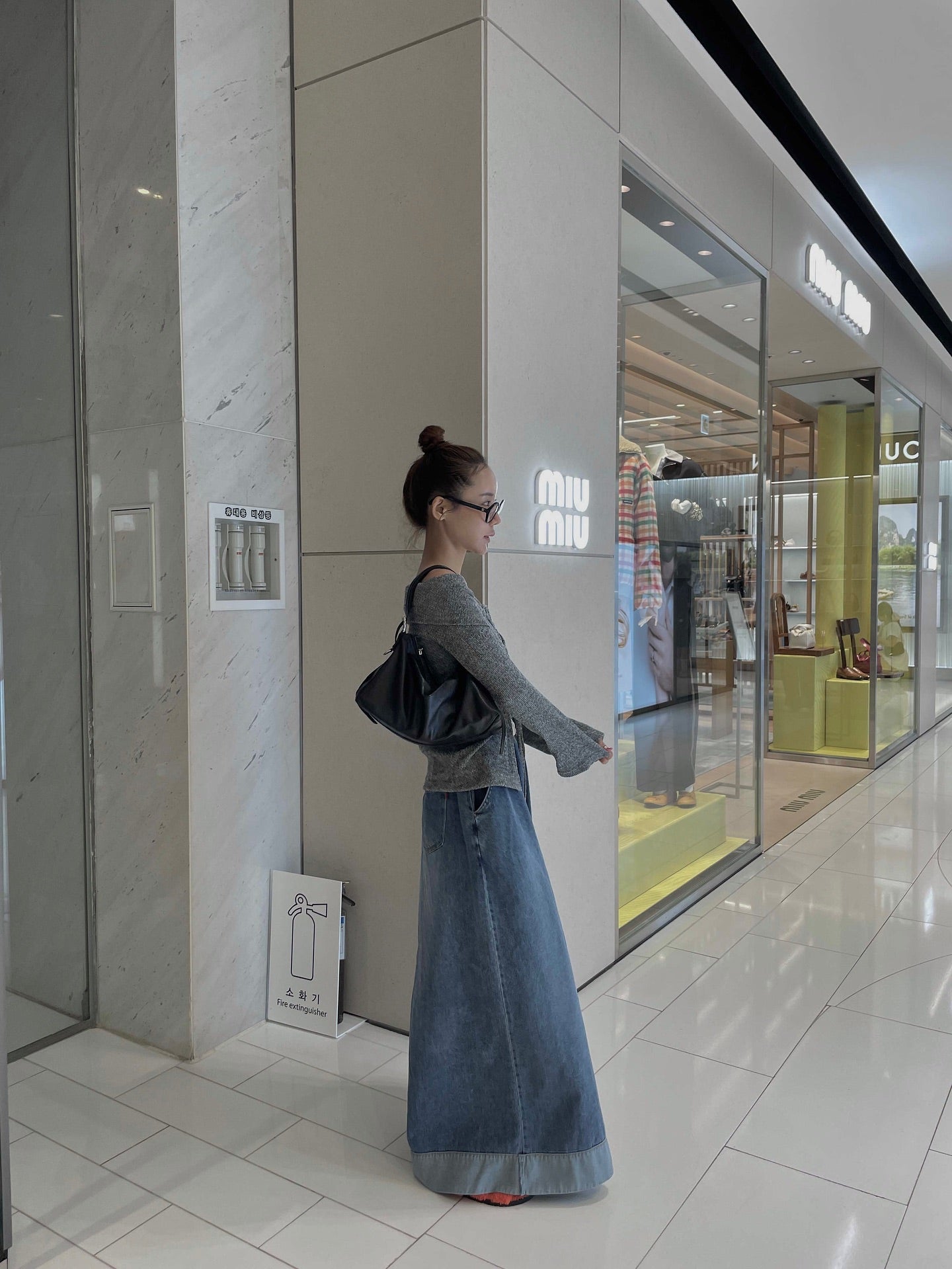 復古磨白鬆緊腰撞色拼接寬腿牛仔褲