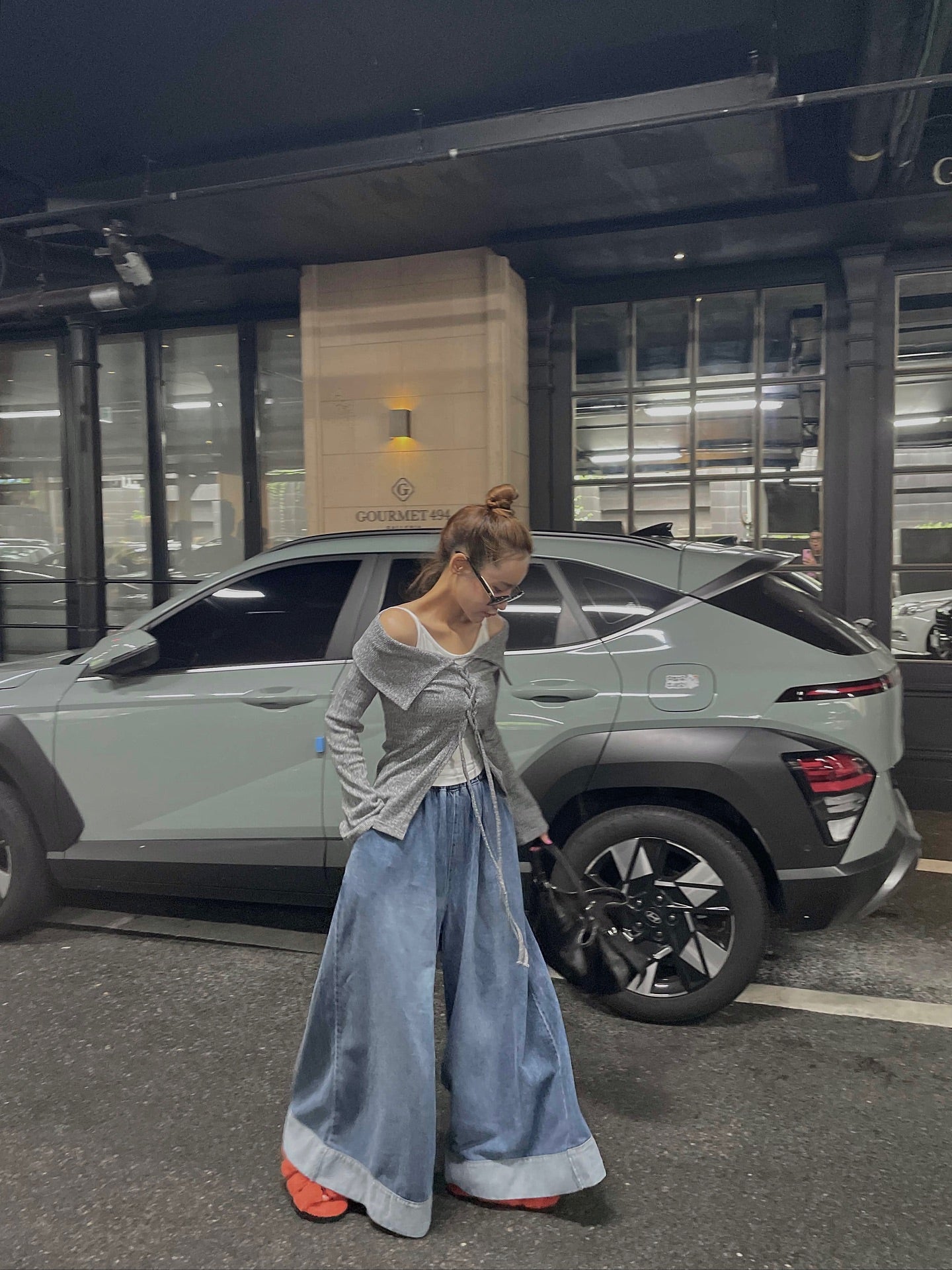 復古磨白鬆緊腰撞色拼接寬腿牛仔褲