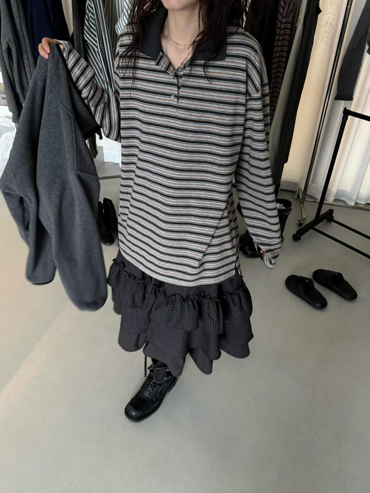 顯瘦法式條紋翻領長袖T卹