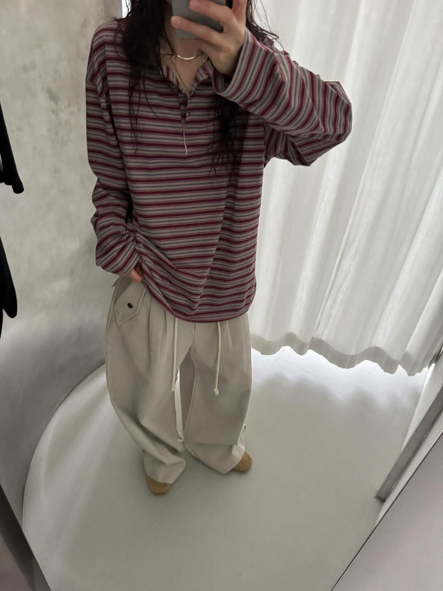 顯瘦法式條紋翻領長袖T卹